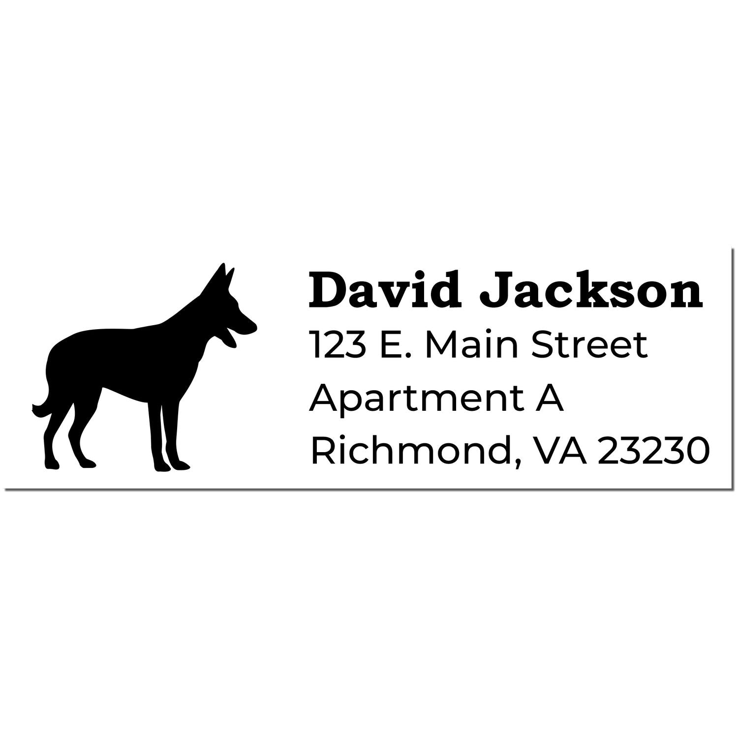 Self-Inking Belgian Malinois Dog Address Stamp featuring a silhouette of a Belgian Malinois and sample address text in bold, clear font.