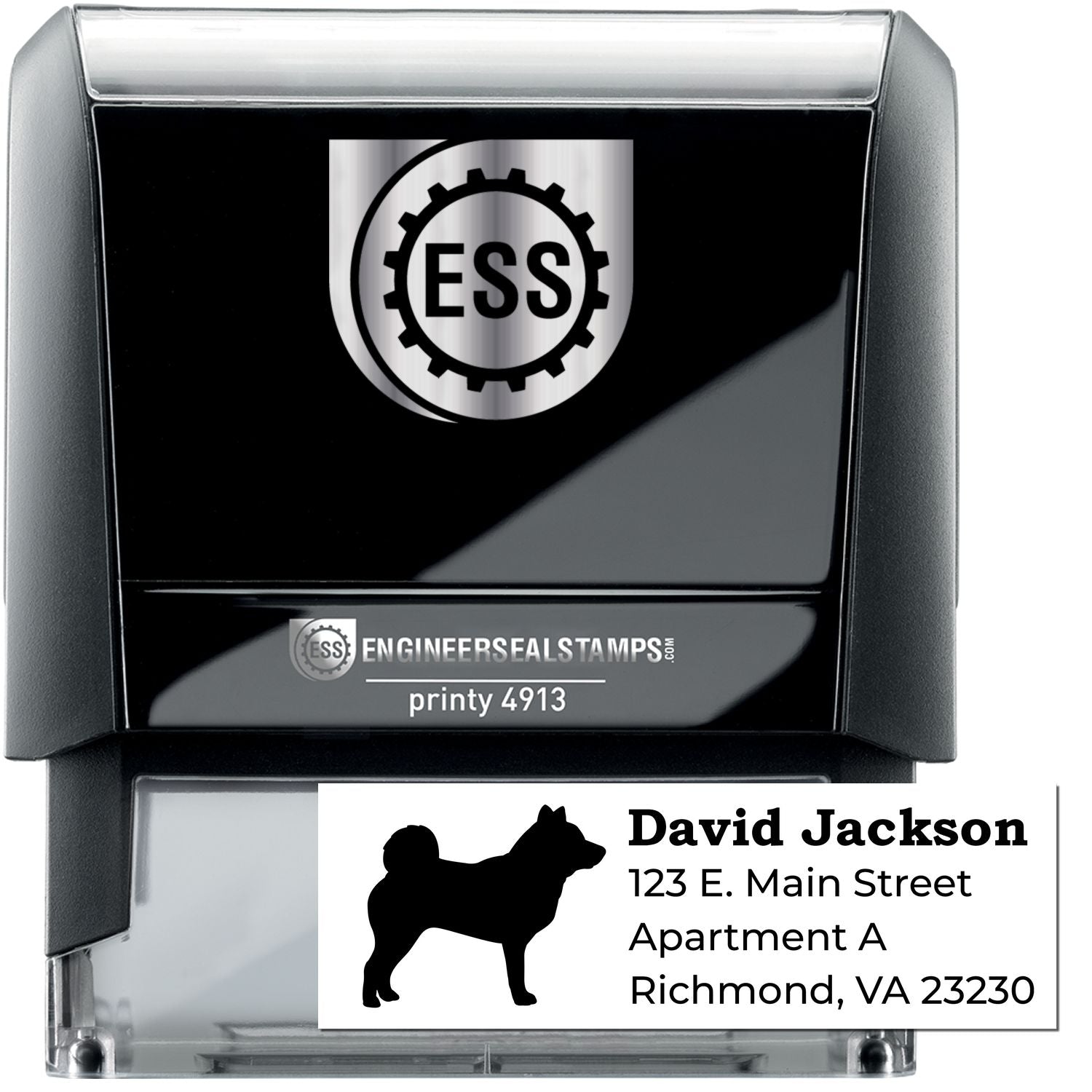 Self-Inking Shiba Inu Dog Address Stamp with a black casing, featuring a Shiba Inu silhouette and sample address text. Ideal for personalized mailings and efficient stamping.