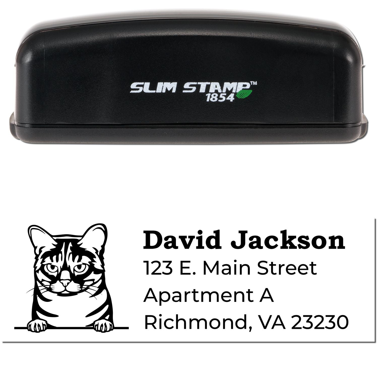 Slim Pre-Inked Australian Mist Peeking Cat Return Address Stamp with a black casing. Features a cat illustration above the address text. Ideal for personalized mailings.