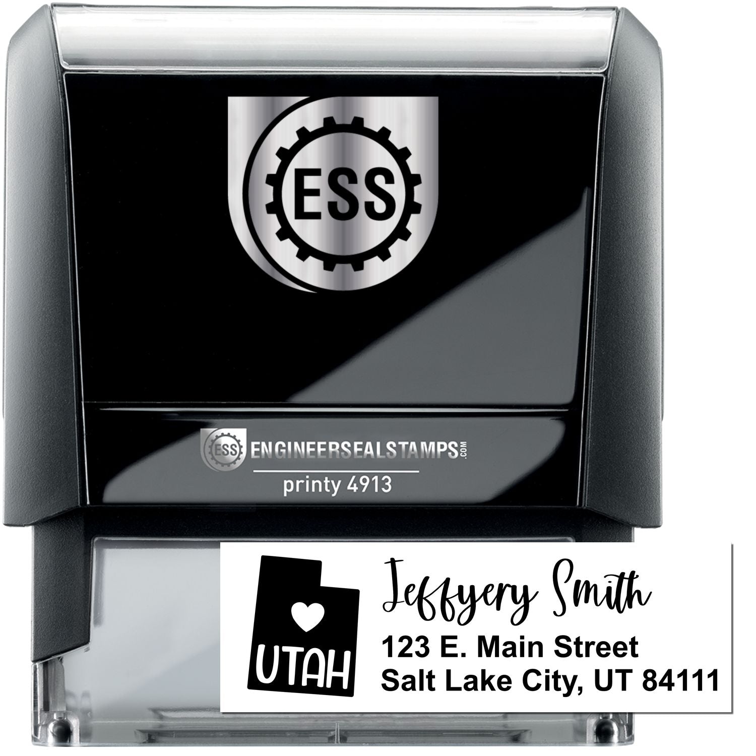 State Love of Utah Custom Address Stamp Self-Inking, featuring a black casing with ESS logo, and a sample address: Jeffery Smith, 123 E. Main Street, Salt Lake City, UT 84111.