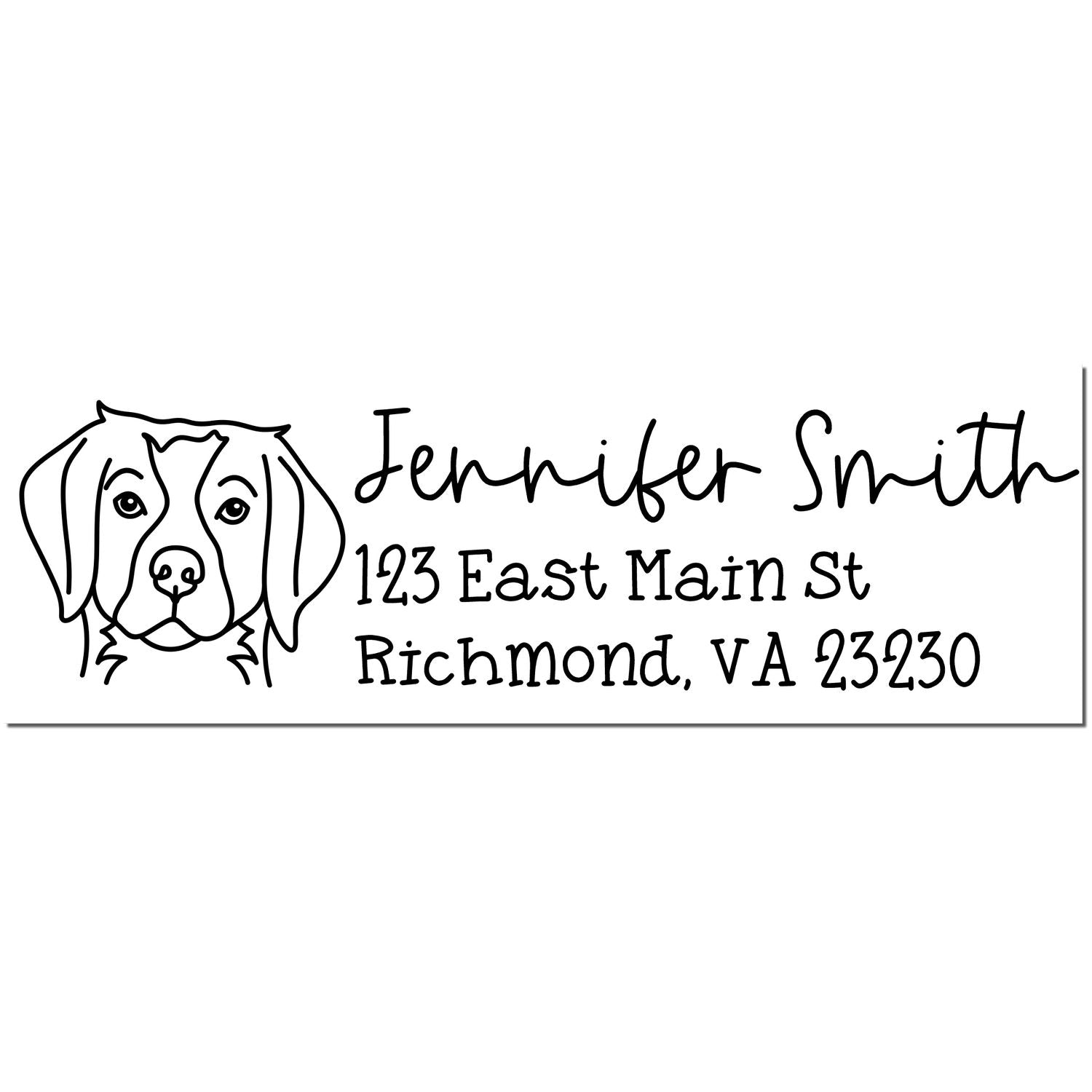 Black custom address stamp with dog illustration, Jennifer Smith, 123 East Main St, Richmond, VA 23230.