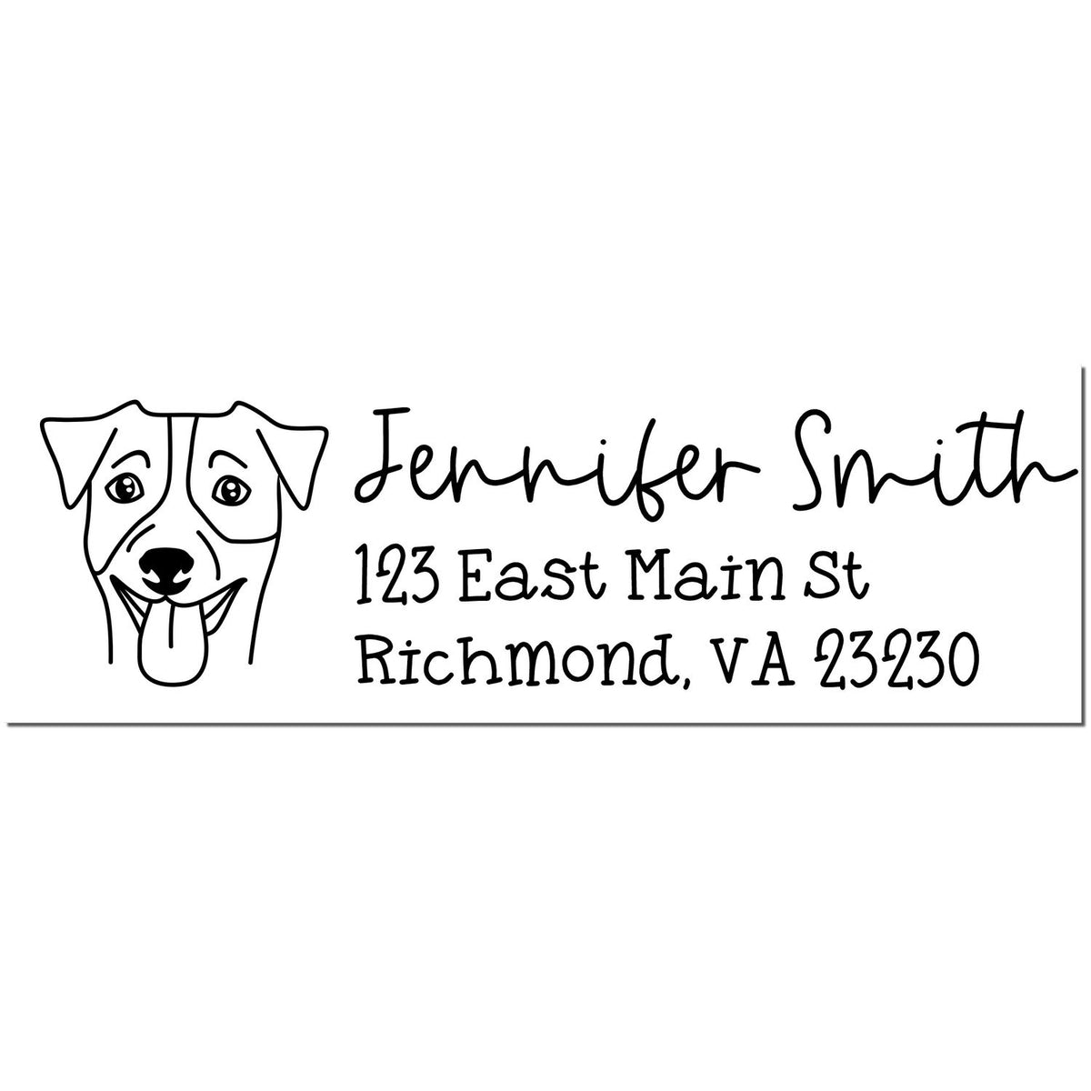 Custom black address stamp with dog face logo, Jennifer Smith, 123 East Main St, Richmond, VA 23230