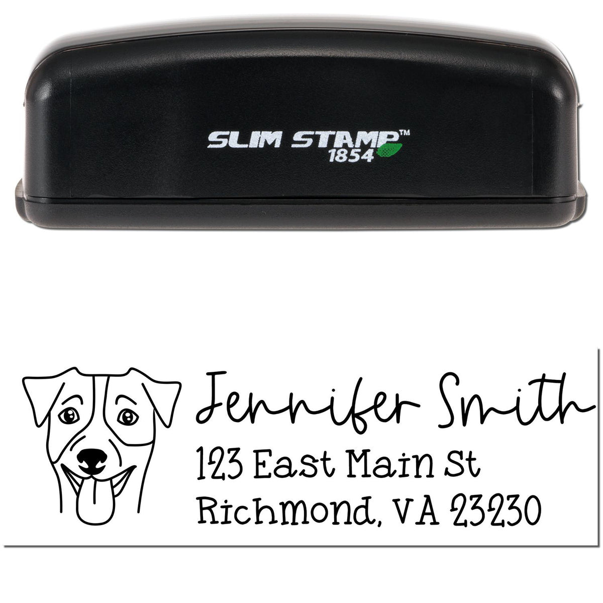 Black Slim Stamp 1854 self-inking stamp with custom dog logo, Jennifer Smith name, and Richmond, VA address seal.