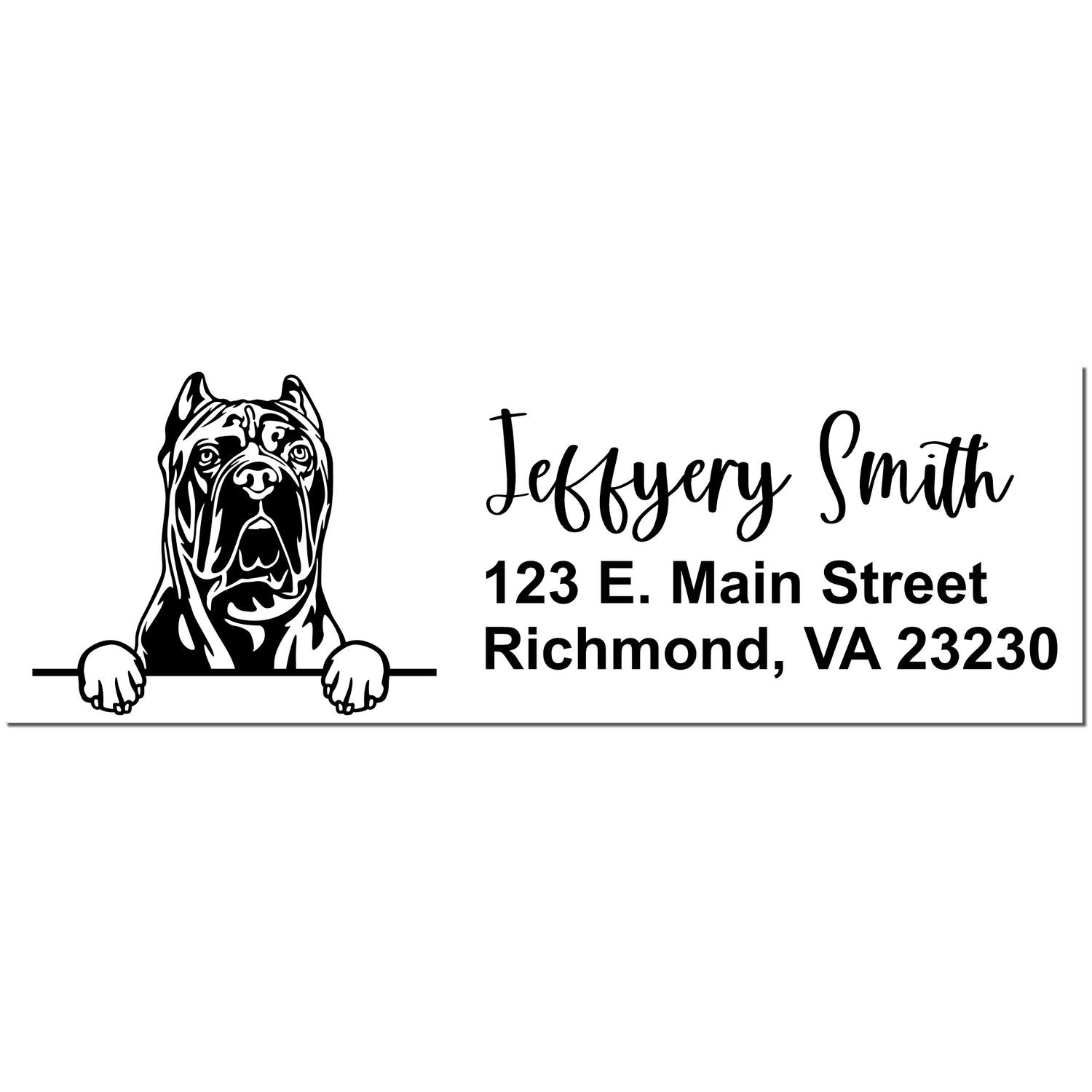 Black custom stamp and seal with bulldog, Jeffery Smith, 123 E. Main Street, Richmond, VA 23230.