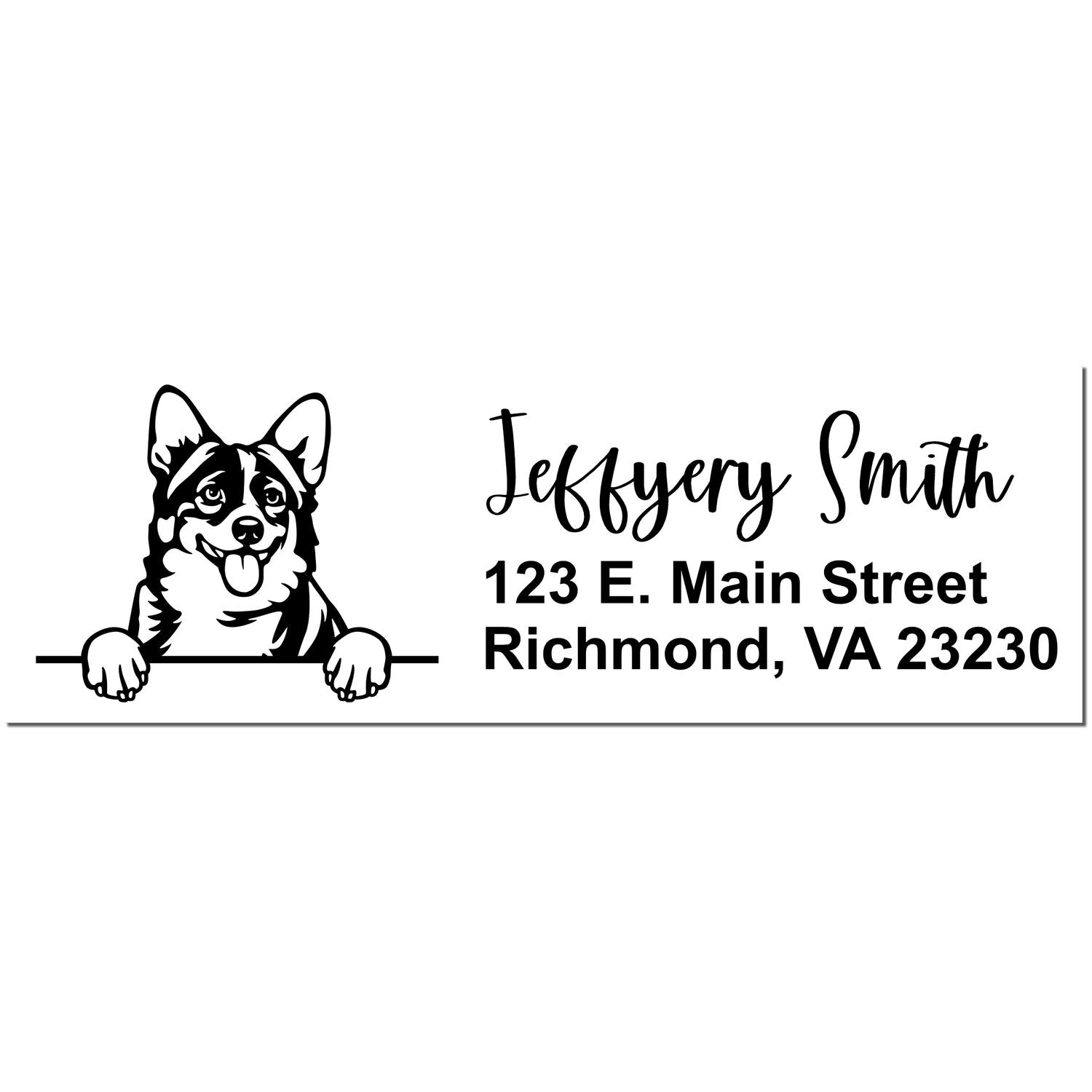 Black custom return address stamp with corgi illustration, Jeffrey Smith, and Richmond, VA 23230 in script and bold text.