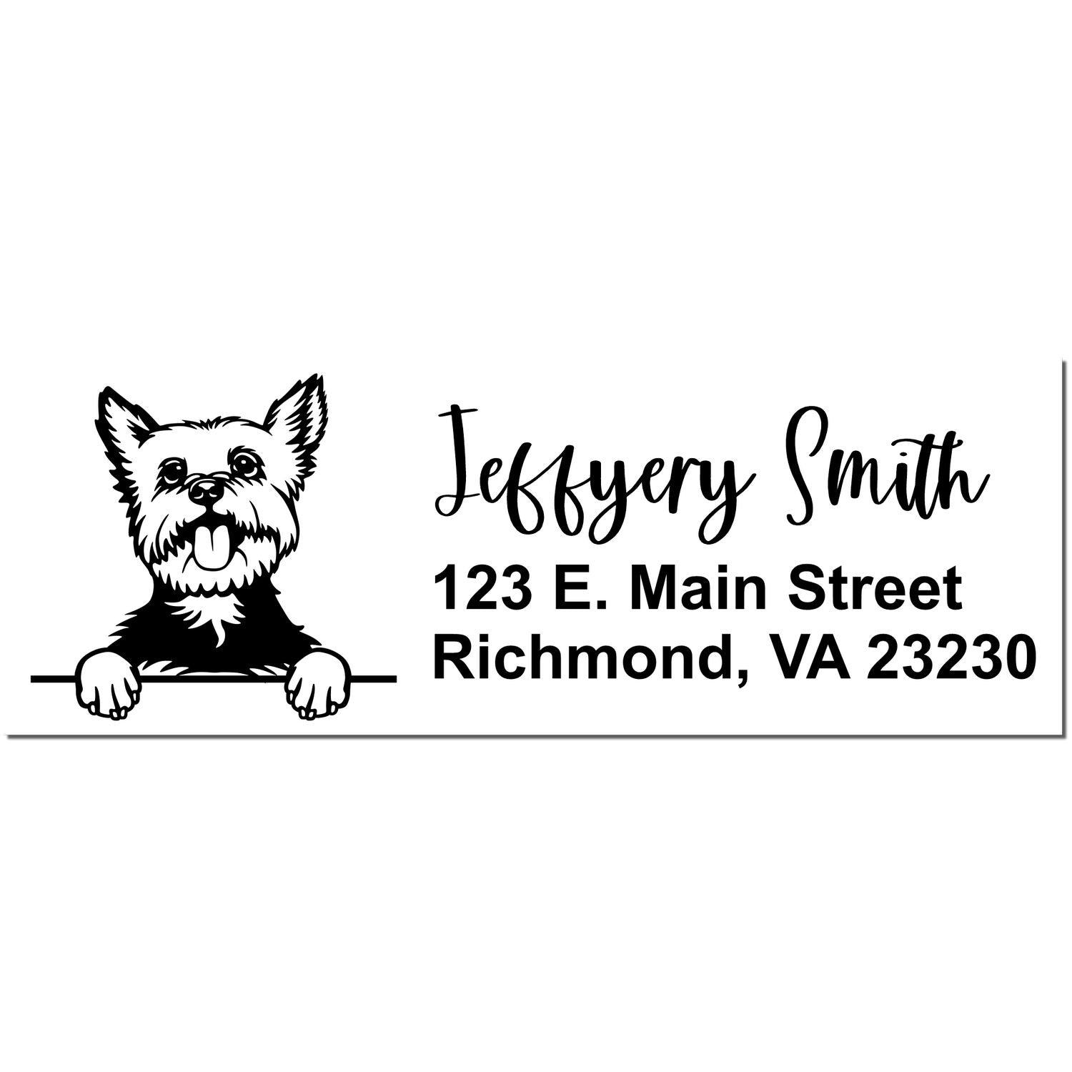 Black-and-white custom return address stamp with Yorkie dog seal, Jeffery Smith, 123 E. Main Street, Richmond, VA 23230.