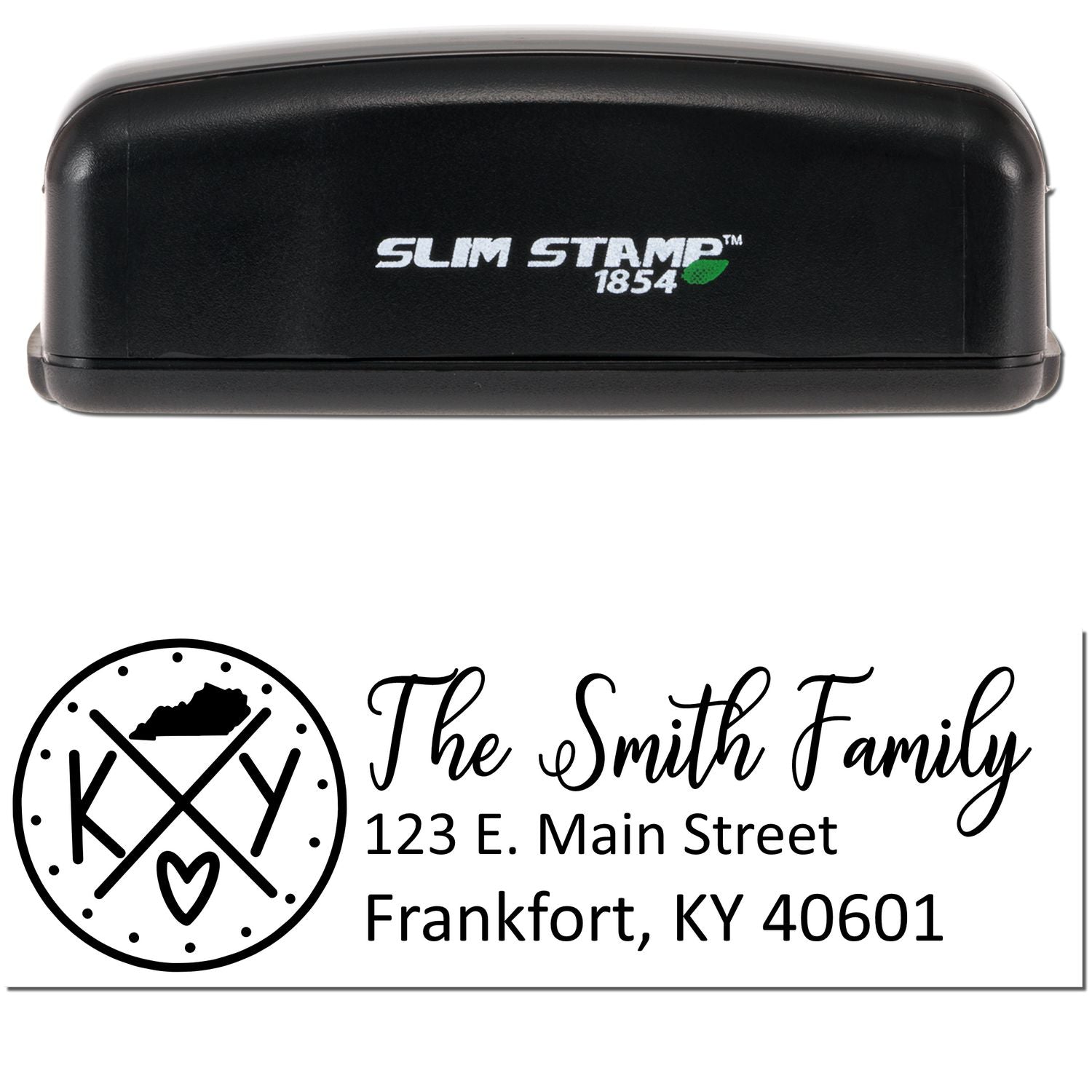 Image of a Slim Kentucky Customized Pre-Inked Address Stamp with a black casing. The stamp imprint shows The Smith Family, 123 E. Main Street, Frankfort, KY 40601 with a decorative Kentucky logo.