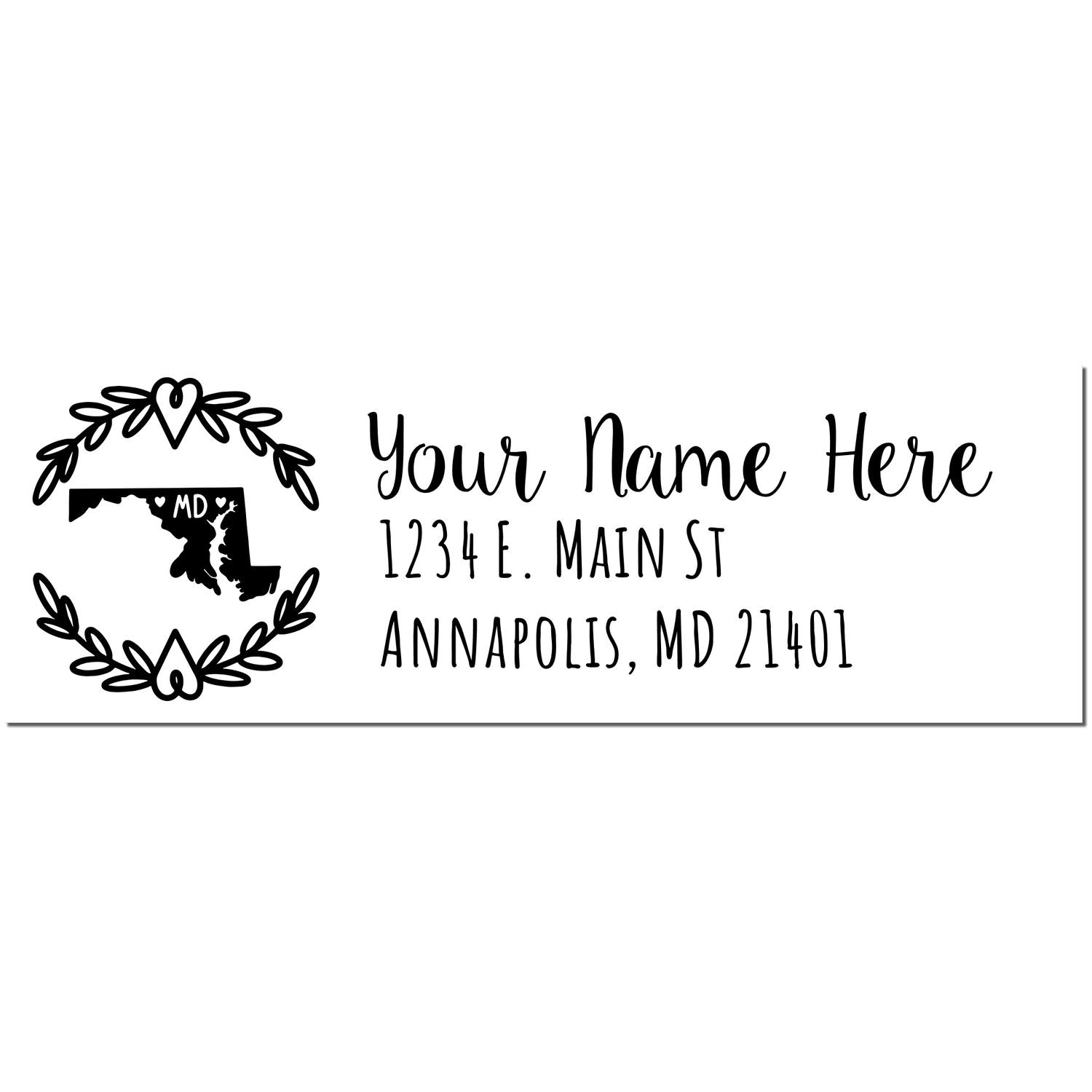 Black custom address stamp with Maryland state seal in a laurel wreath, name, street address, and Annapolis, MD 21401.
