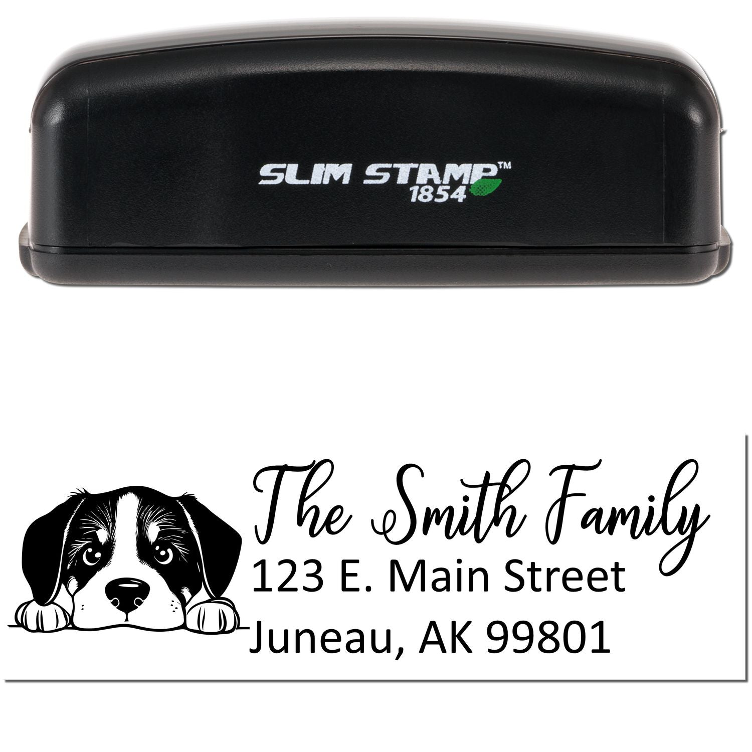 Black Slim Stamp 1854 self-inking stamp and seal with puppy logo, custom family name, and Juneau, AK address.
