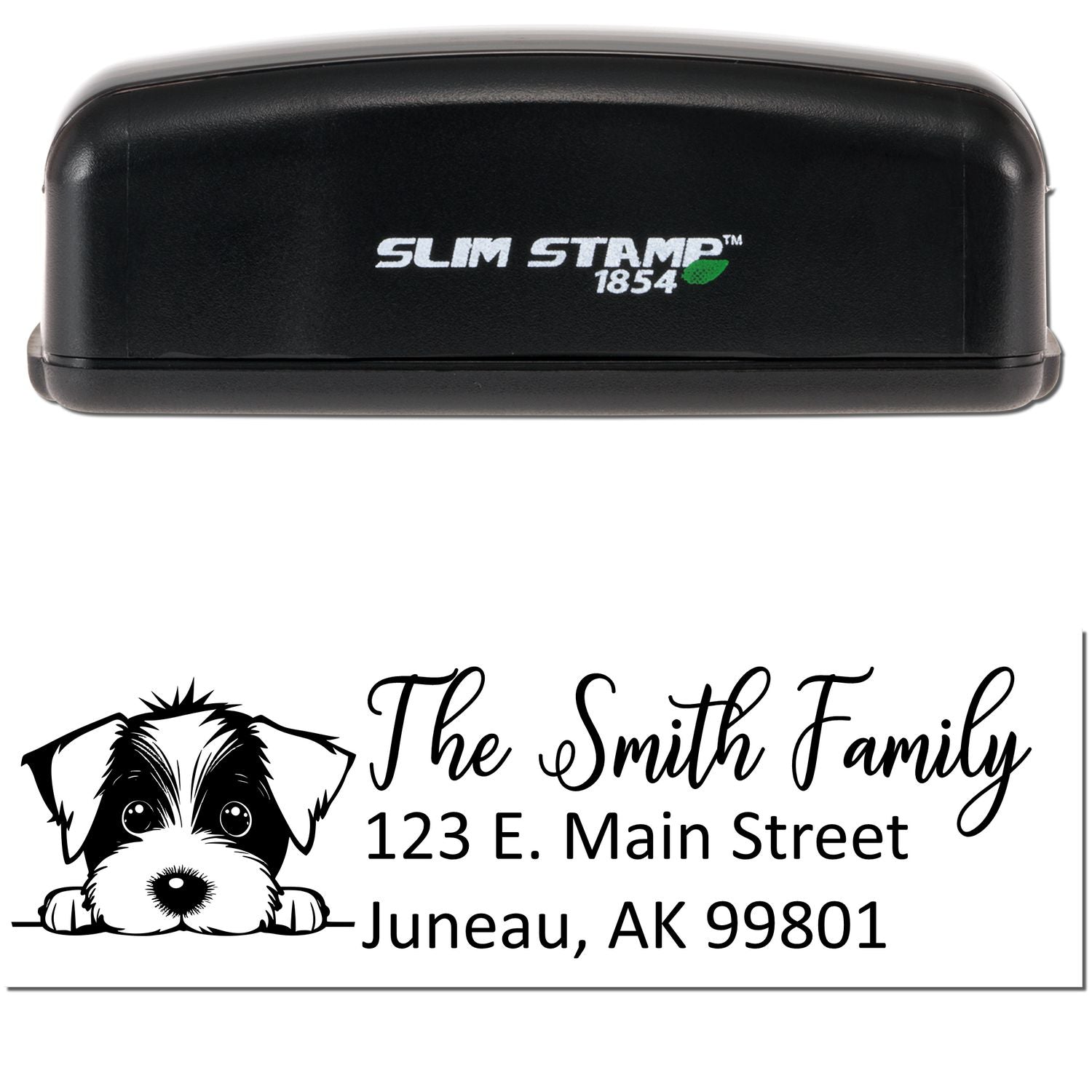 Black Slim Stamp 1854 self-inking stamp with custom family address seal, dog logo, and Juneau, AK text