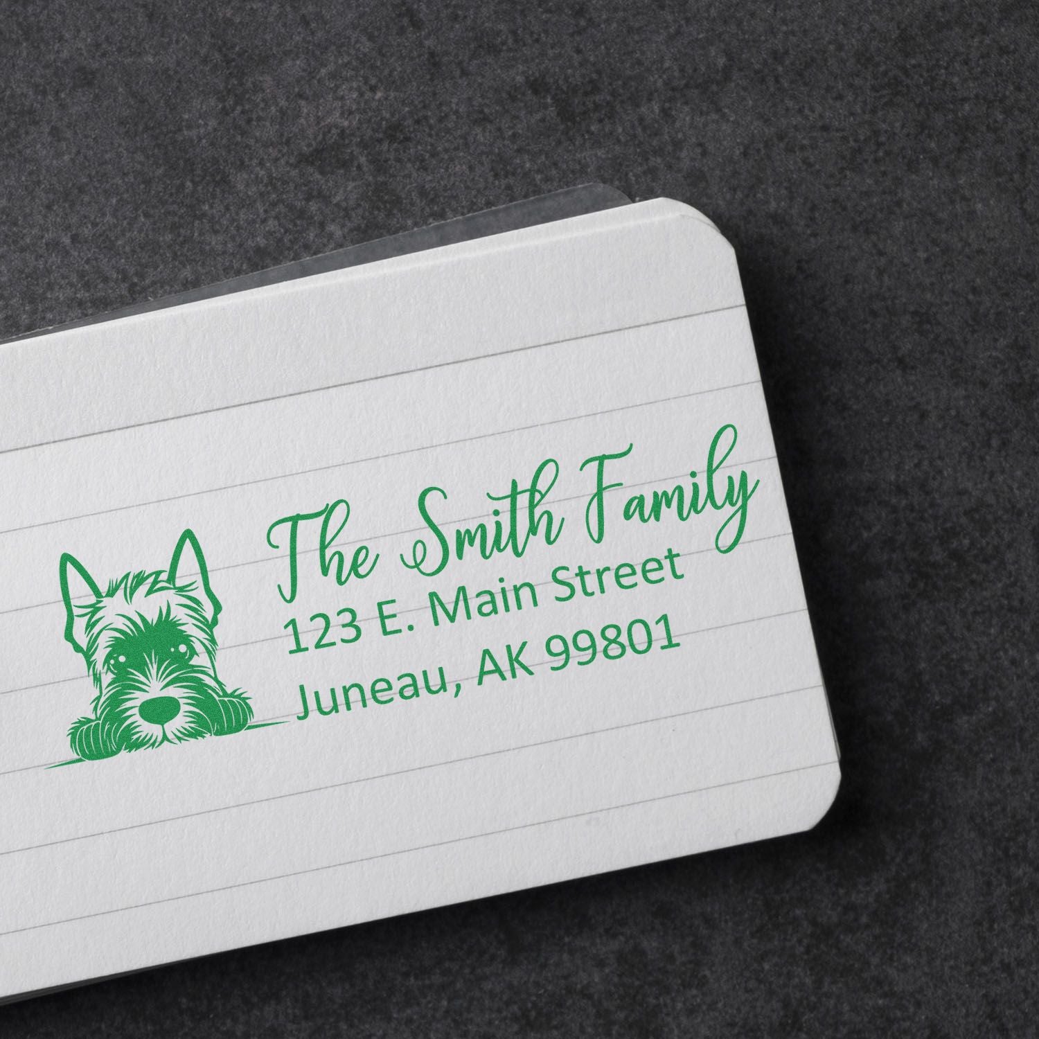 Green custom stamp and seal with dog illustration and family address on a white lined card against a dark background.