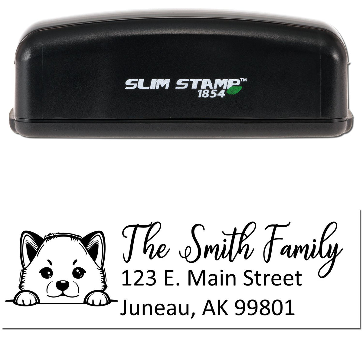 Black Slim Stamp 1854 self-inking address seal with dog graphic, black script The Smith Family, and Juneau, AK address.