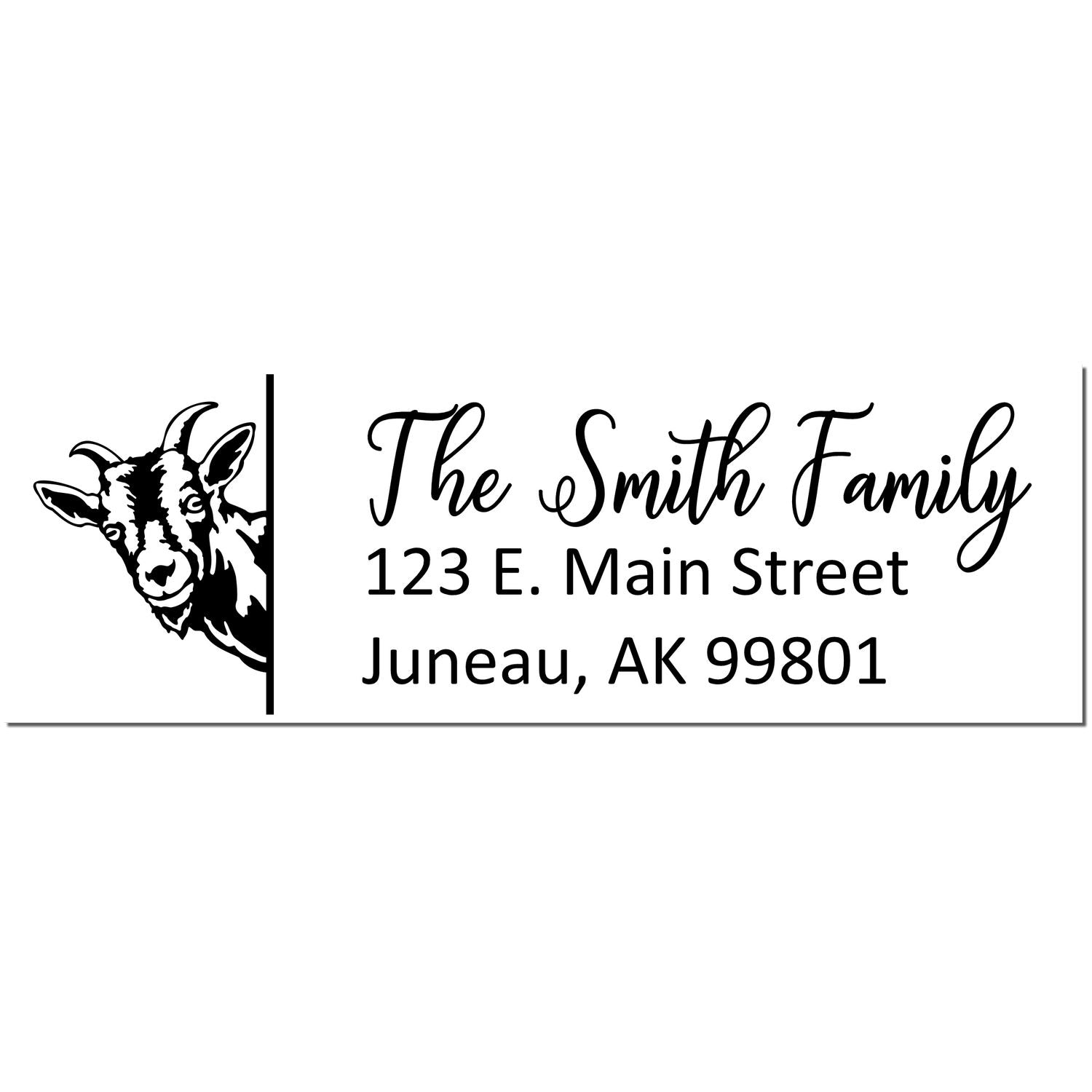 Black custom address stamp and seal with goat illustration, The Smith Family, 123 E. Main Street, Juneau, AK 99801