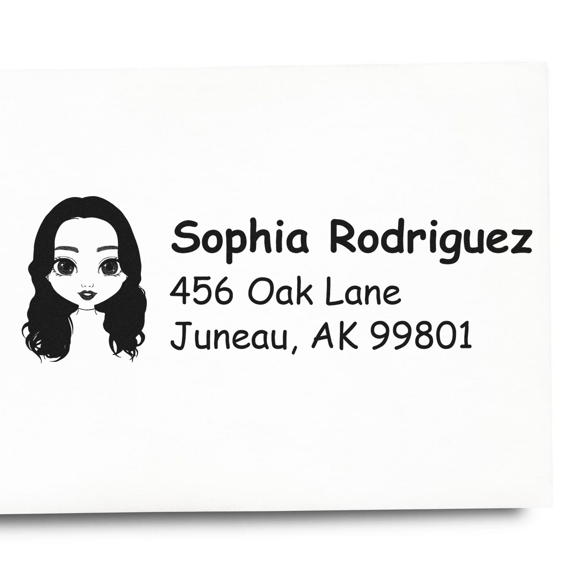 Black custom address stamp with cartoon girl logo, Sophia Rodriguez, 456 Oak Lane, Juneau, AK 99801 on white background.