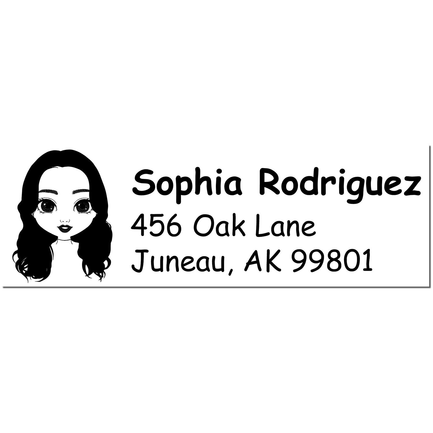 Black-and-white custom address stamp seal with cartoon girl portrait and text: Sophia Rodriguez, 456 Oak Lane, Juneau, AK 99801