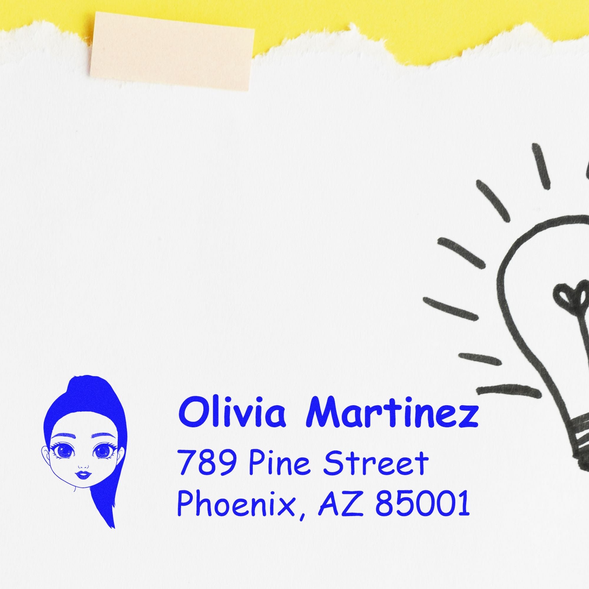 Custom blue self-inking address stamp and seal for Olivia Martinez, with girl logo, on white paper and yellow accent.