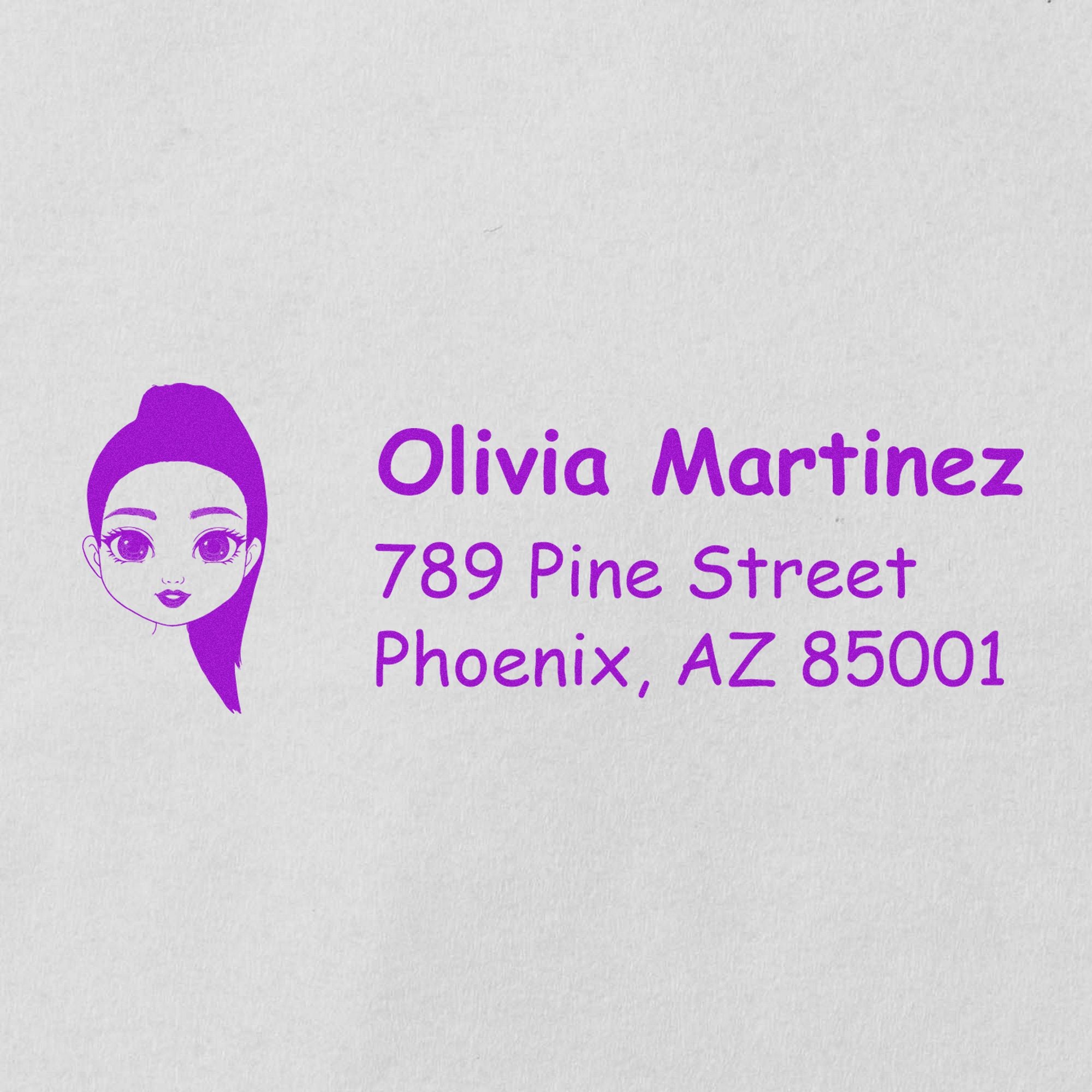 Purple address stamp seal with illustrated woman logo, Olivia Martinez, 789 Pine Street, Phoenix, AZ 85001 on white paper.