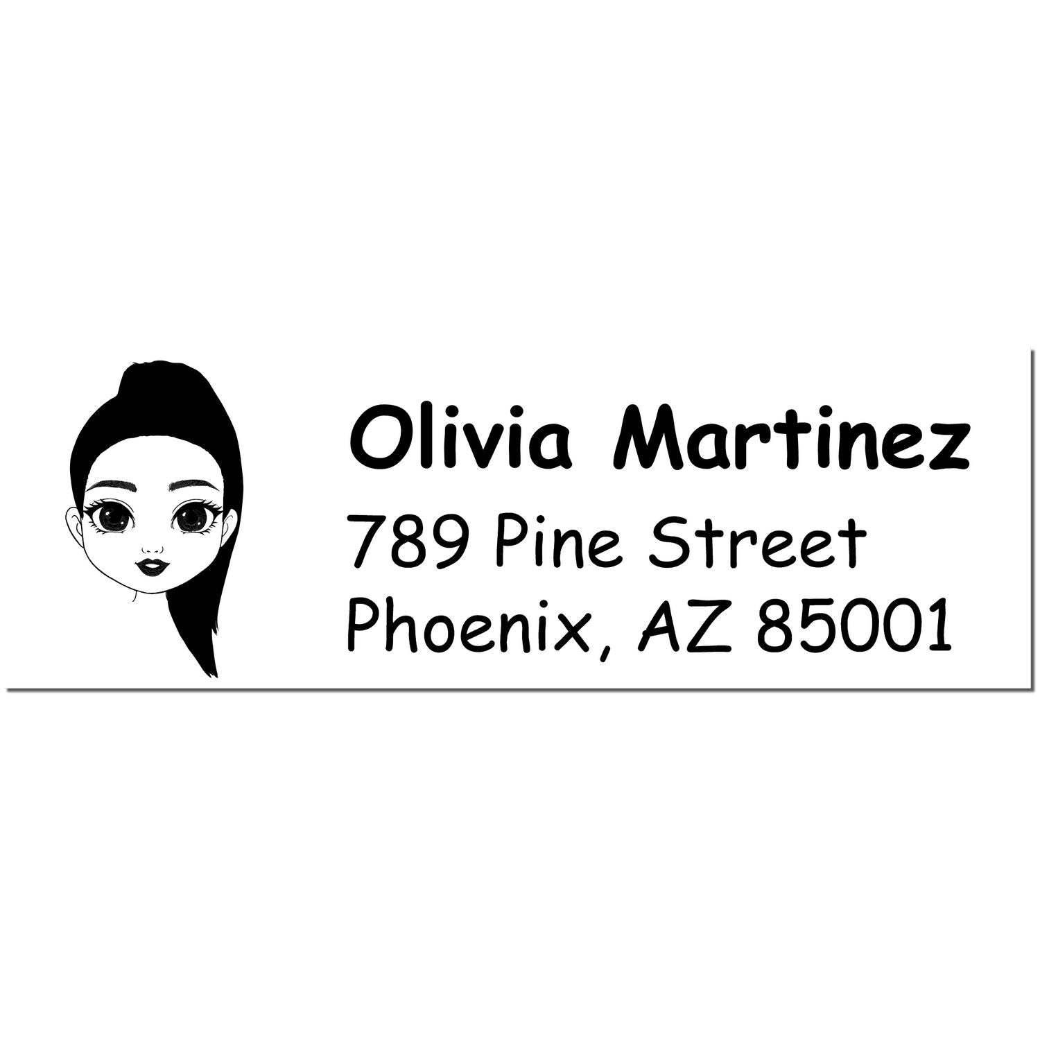 Black-and-white custom address stamp with illustrated woman and text: Olivia Martinez, 789 Pine Street, Phoenix, AZ 85001