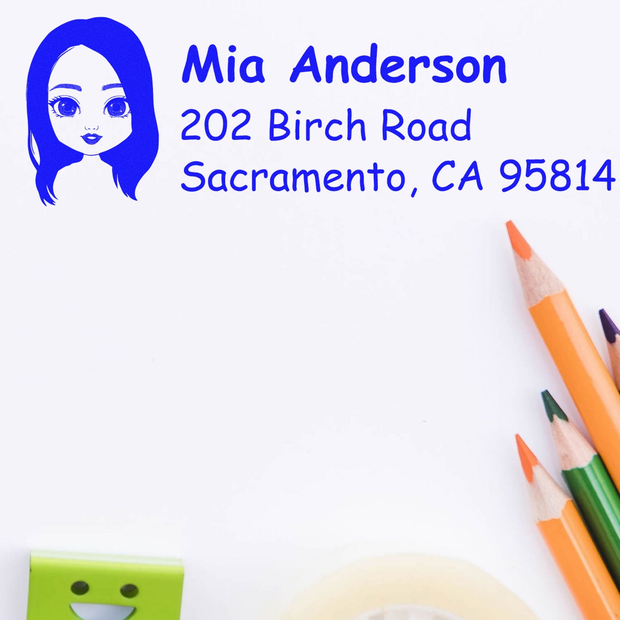 Blue custom address stamp and seal with girl face logo, Mia Anderson, 202 Birch Road, Sacramento, CA 95814.