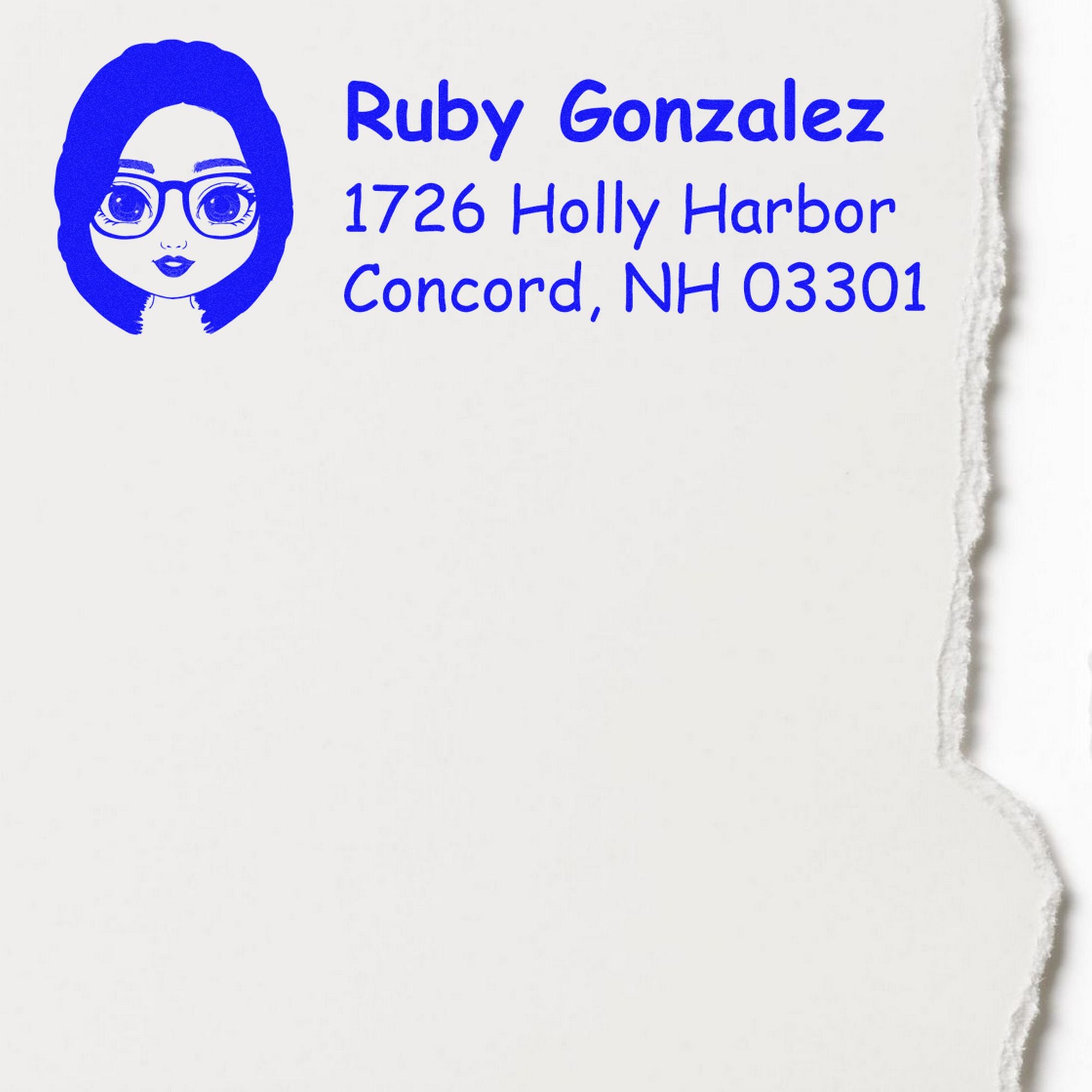 Blue custom self-inking address stamp with cartoon face logo, Ruby Gonzalez, 1726 Holly Harbor, Concord, NH 03301