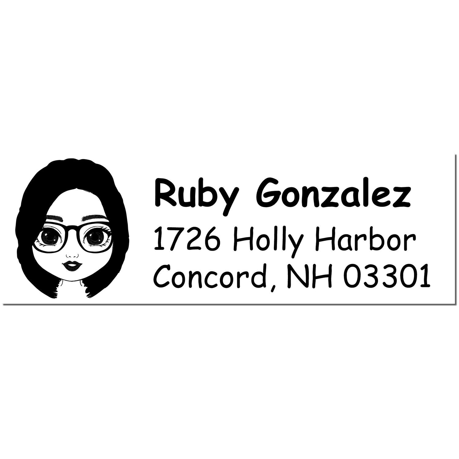 Black custom address stamp with female avatar, Ruby Gonzalez, and Concord, NH 03301 on white background