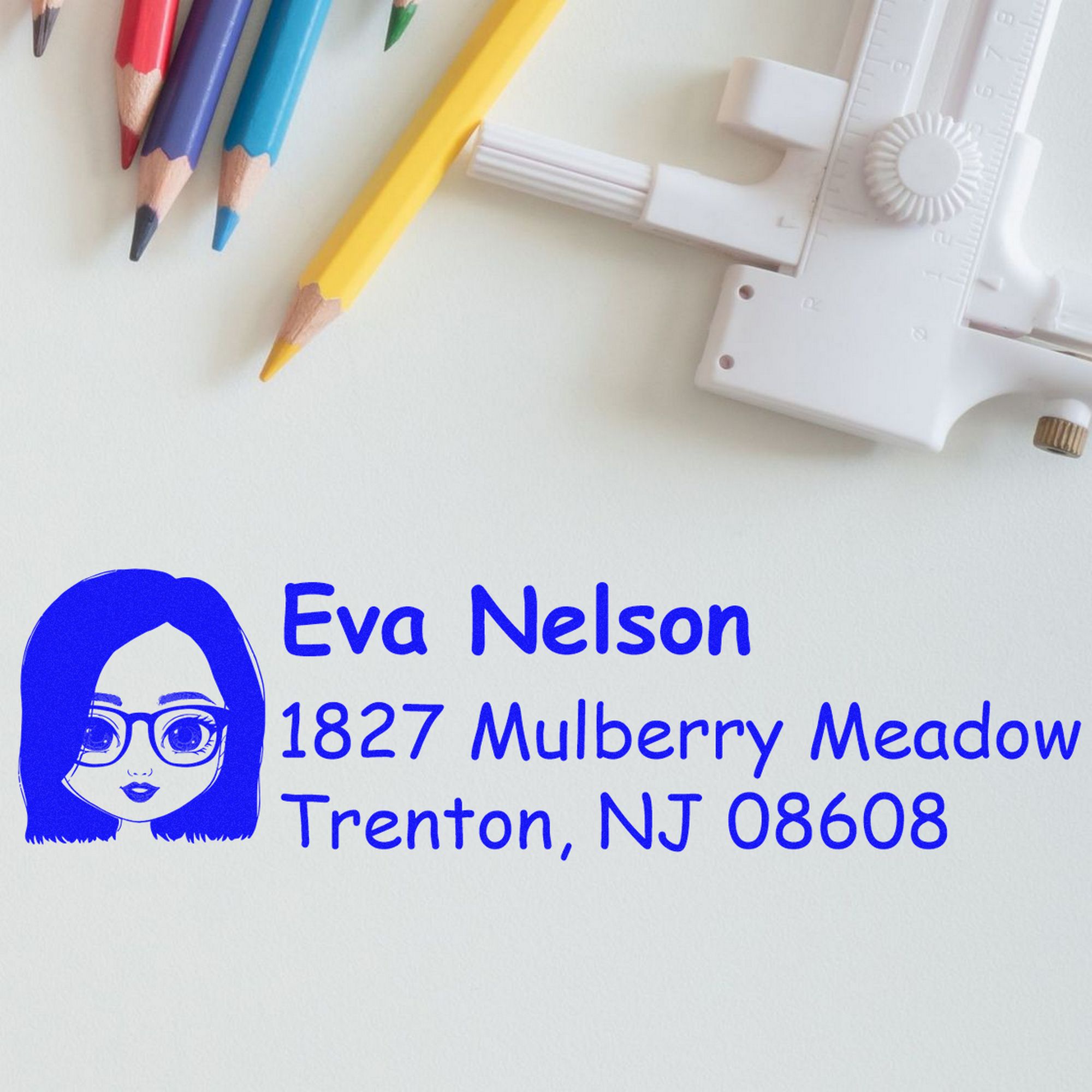 Wood Handle Ms Eva Bitmoji Address Stamp - Engineer Seal Stamps