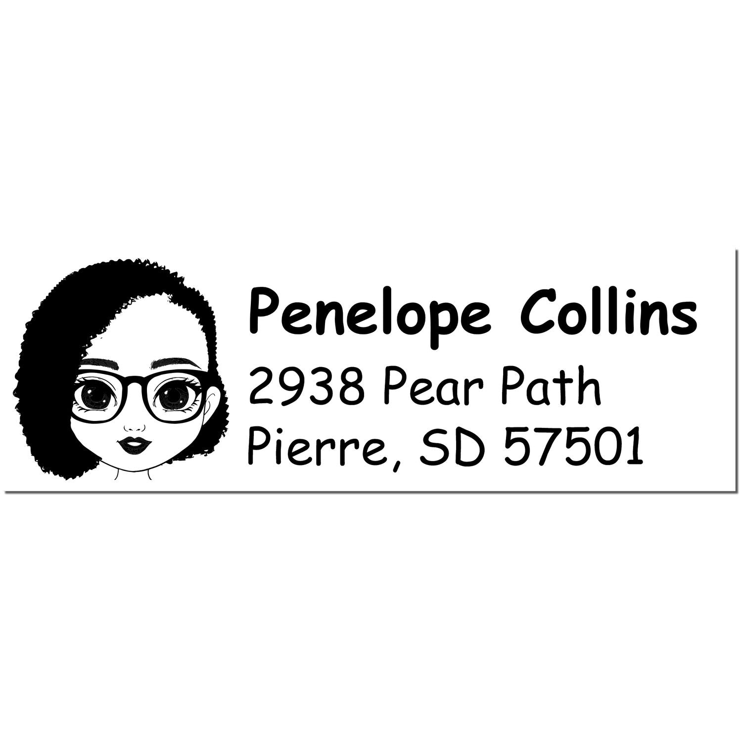 Black-and-white personalized address stamp with cartoon woman, Penelope Collins, 2938 Pear Path, Pierre, SD 57501.