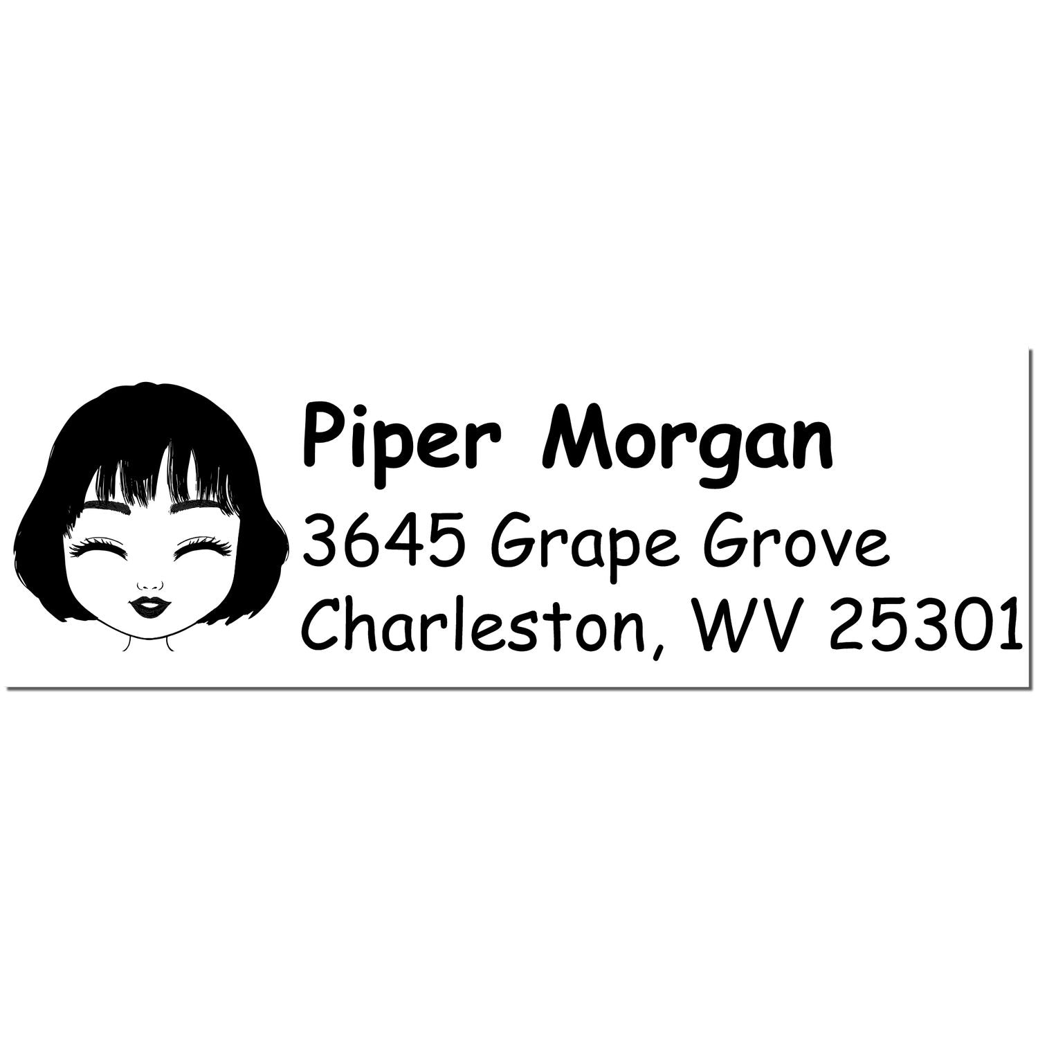 Black custom address stamp with cartoon girl face and bold text: Piper Morgan, 3645 Grape Grove, Charleston, WV 25301.