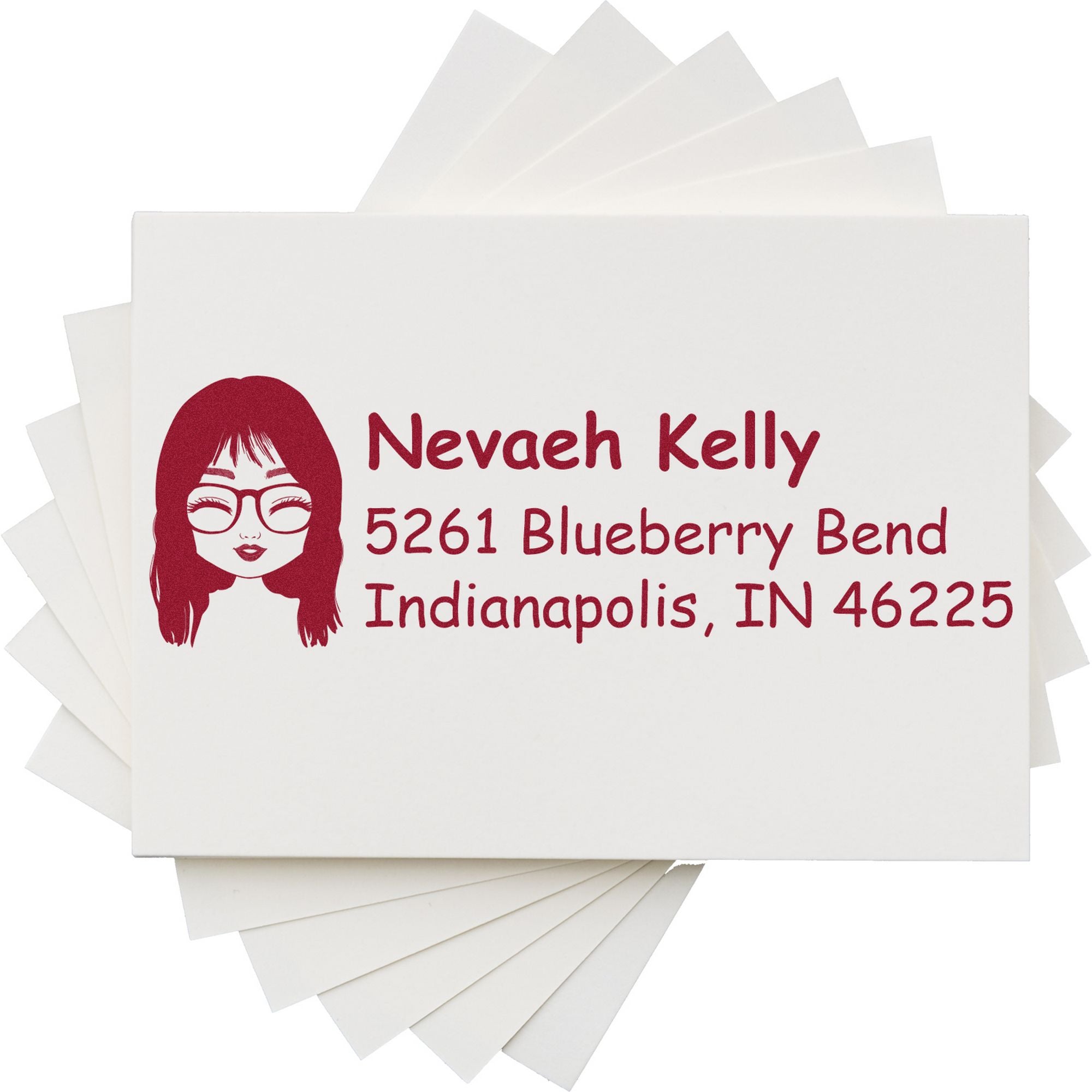 White stamp and seal sheets with burgundy personalized address, avatar, and name for Nevaeh Kelly in Indianapolis.
