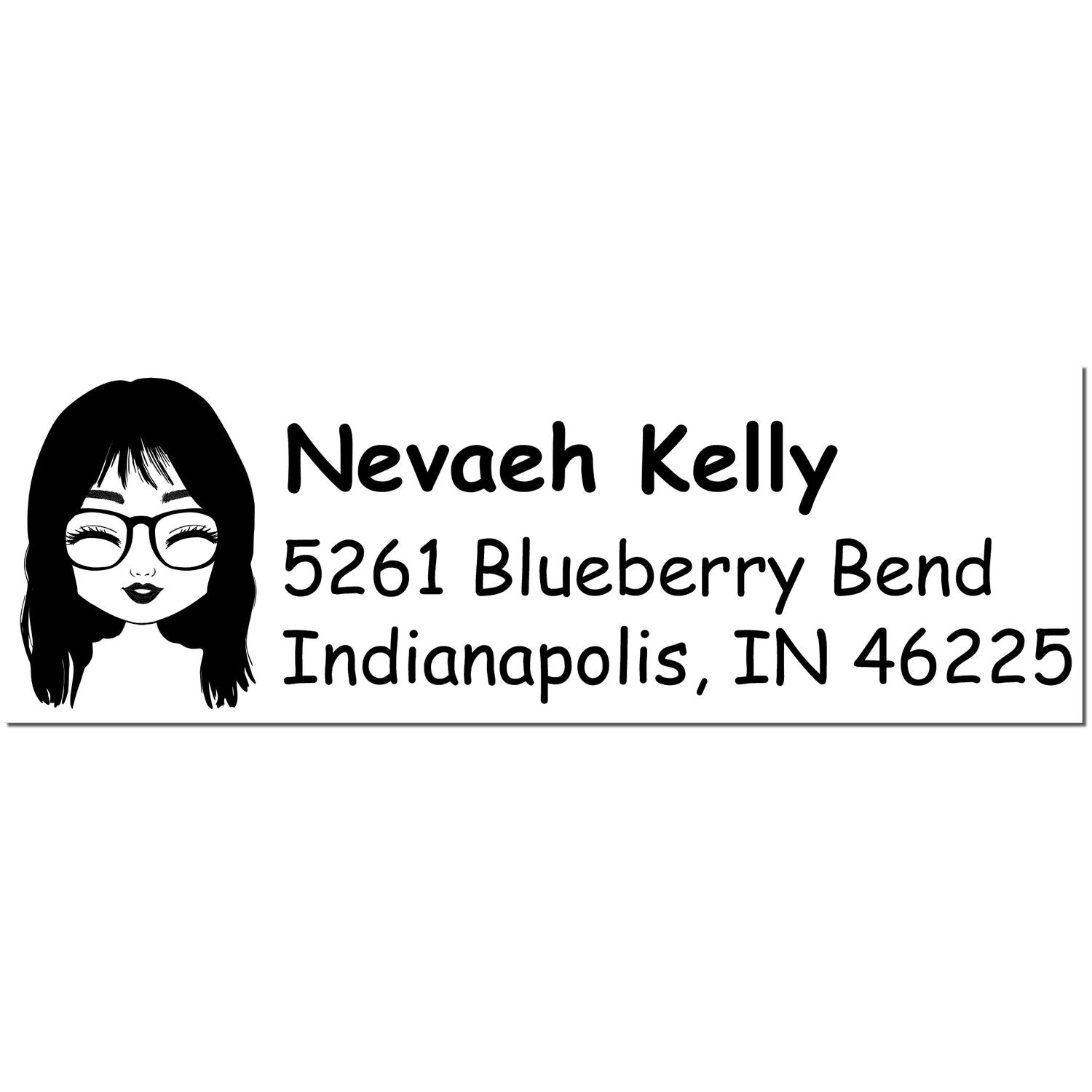 Black custom address stamp and seal with girl avatar, Nevaeh Kelly, 5261 Blueberry Bend, Indianapolis, IN 46225.