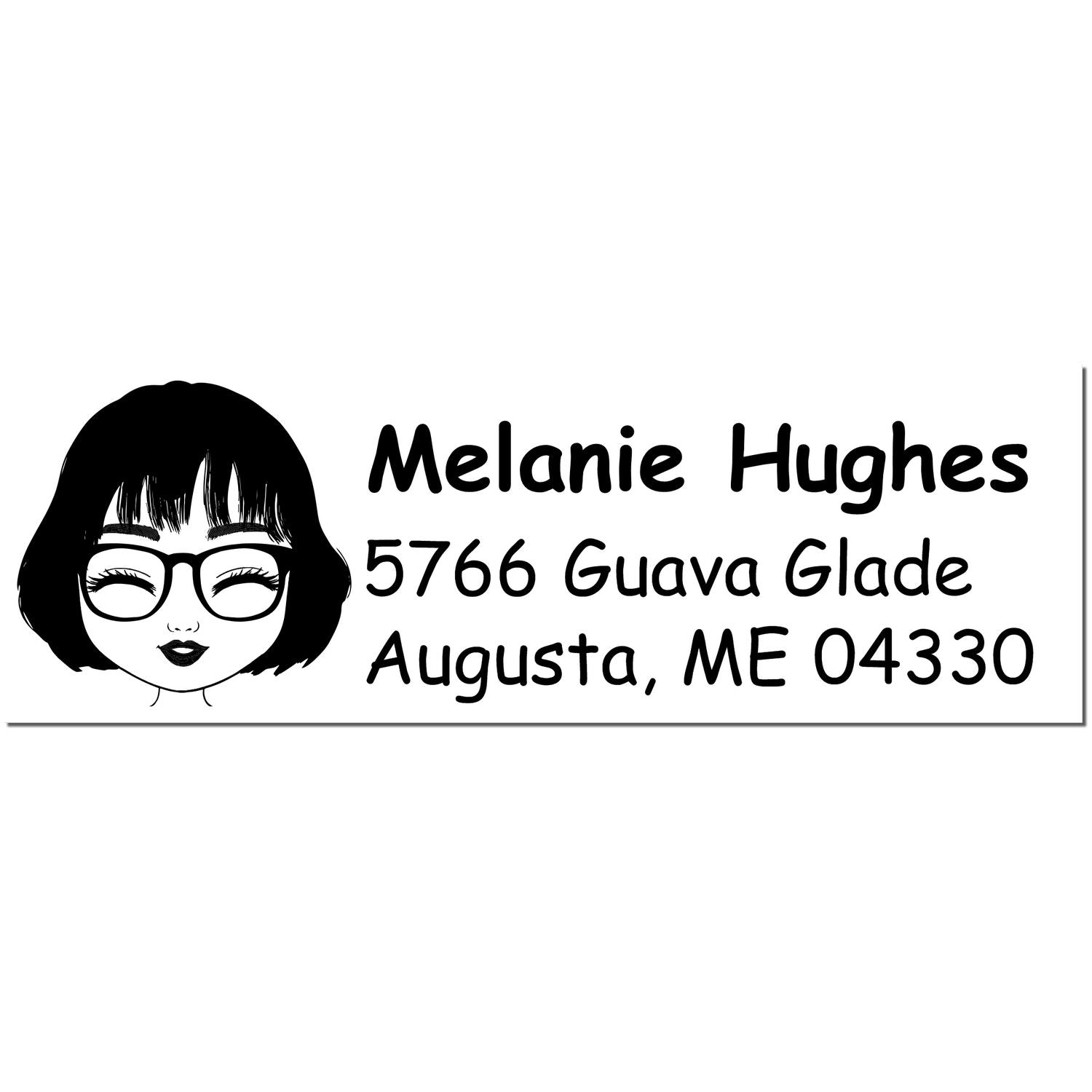 Black custom address stamp/seal with woman illustration, Melanie Hughes, Augusta, ME 04330 on white background.