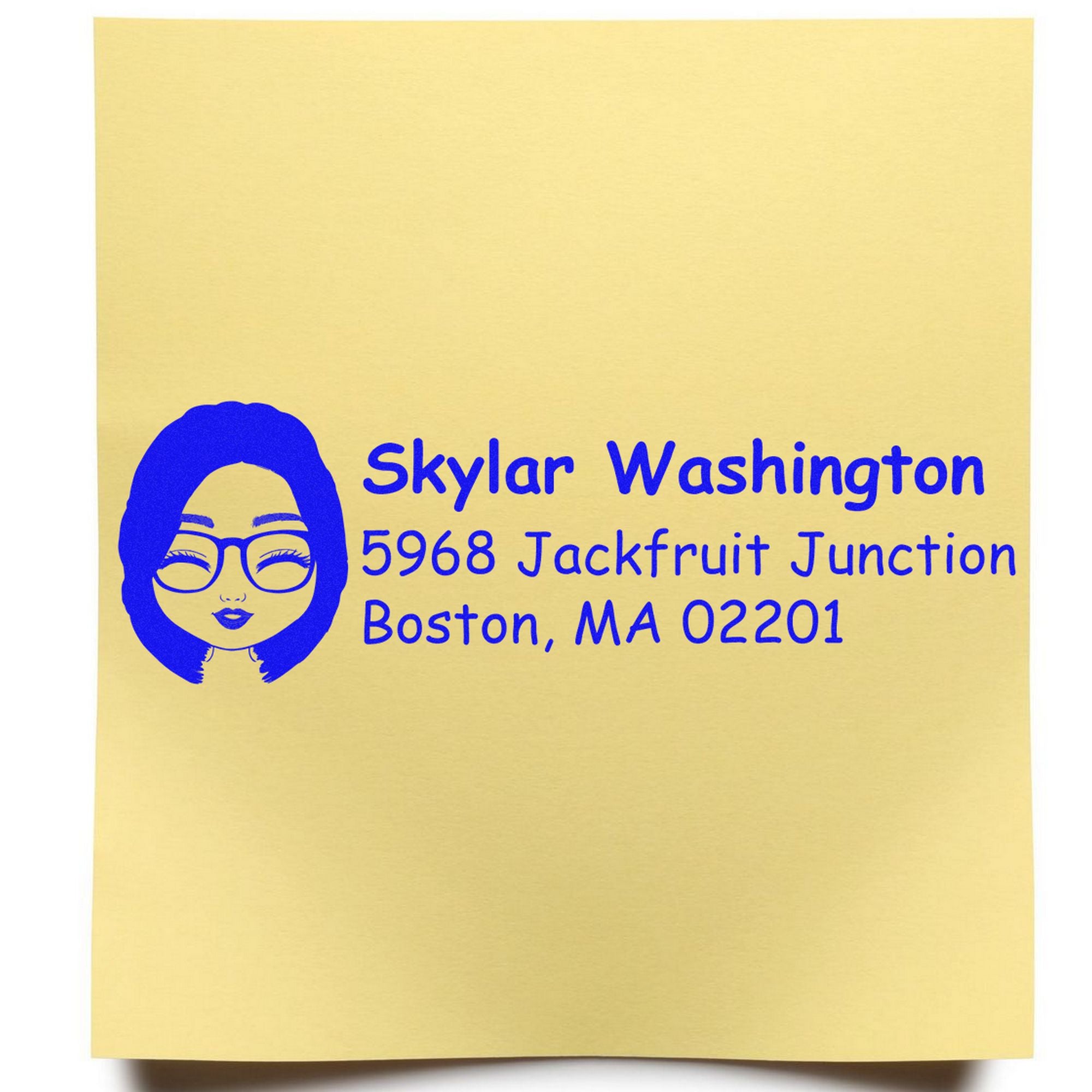 Blue custom address stamp with woman icon on gold background, reading Skylar Washington, Boston, MA 02201.