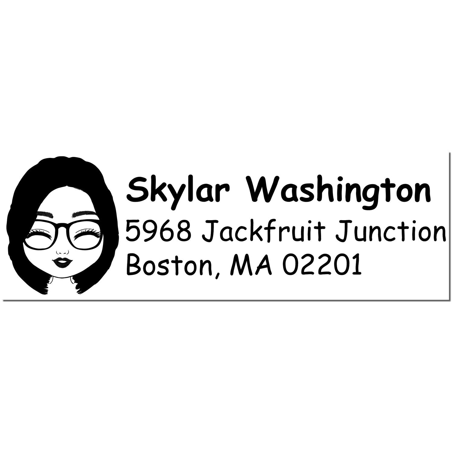 Black custom address stamp with woman logo and text: Skylar Washington, 5968 Jackfruit Junction, Boston, MA 02201.