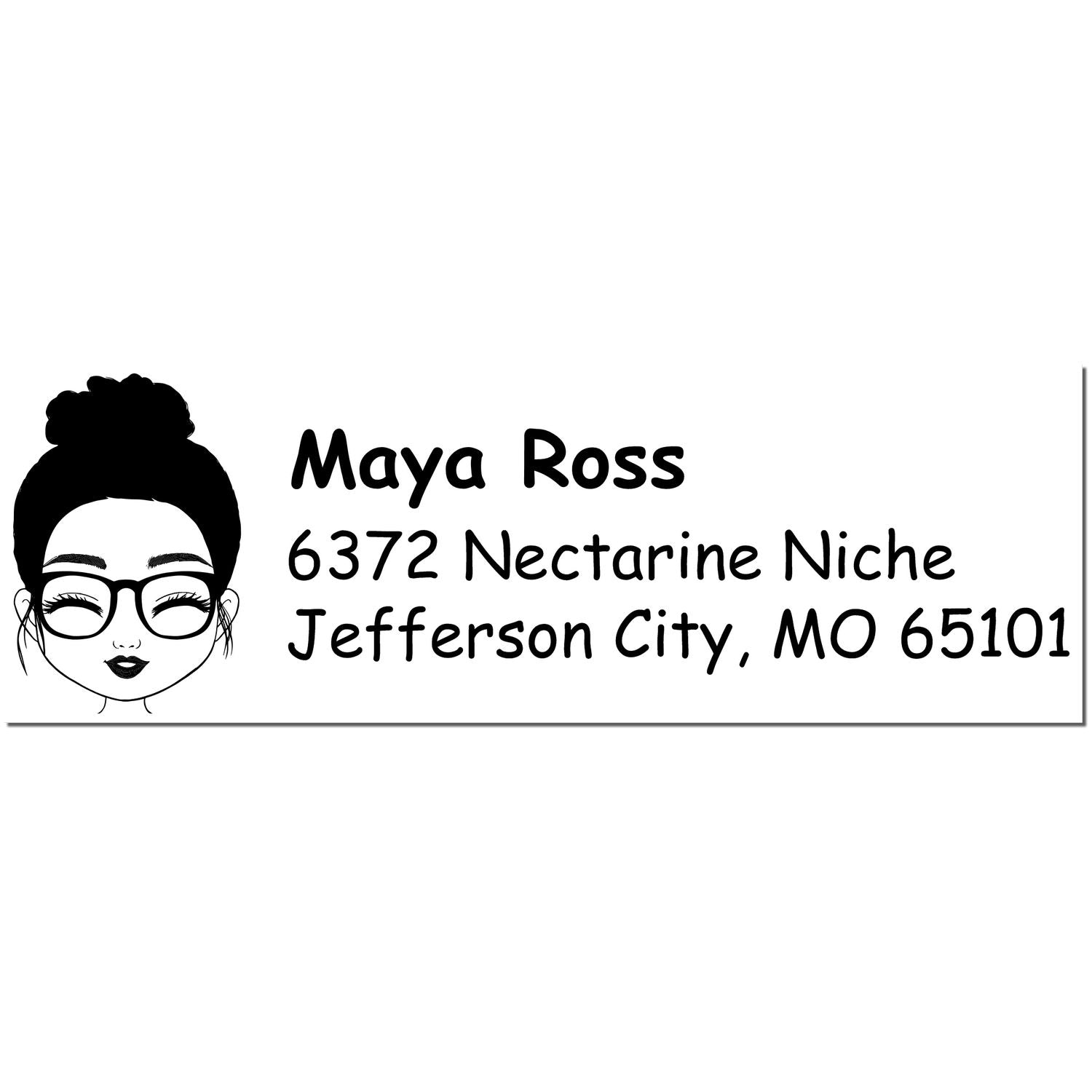Black custom self-inking address stamp with woman illustration, Maya Ross, and Jefferson City, MO 65101.