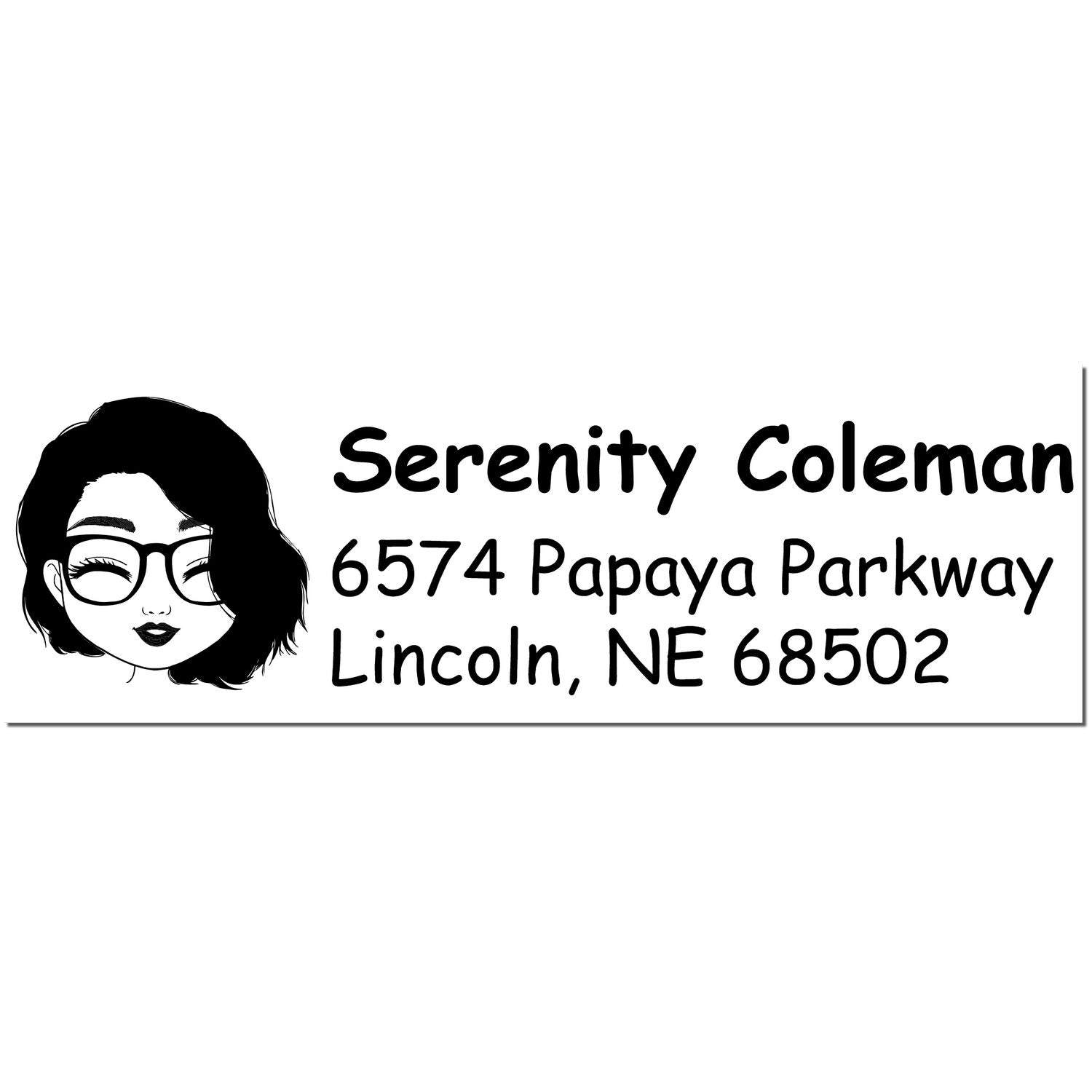 Black-and-white custom address stamp with woman avatar and Serenity Coleman, 6574 Papaya Parkway, Lincoln, NE 68502