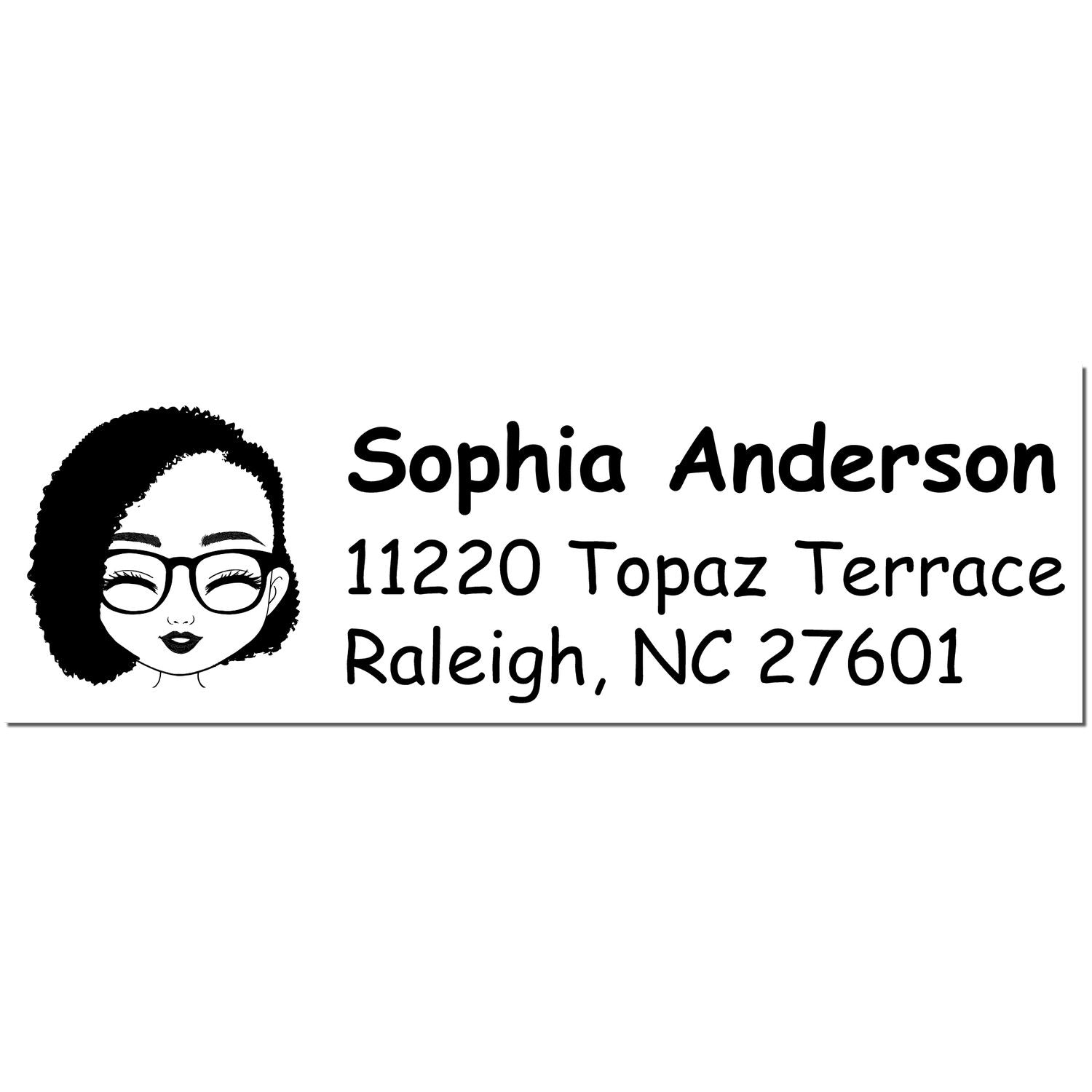 Black-and-white custom address stamp with illustrated woman portrait, Sophia Anderson, and Raleigh, NC 27601.