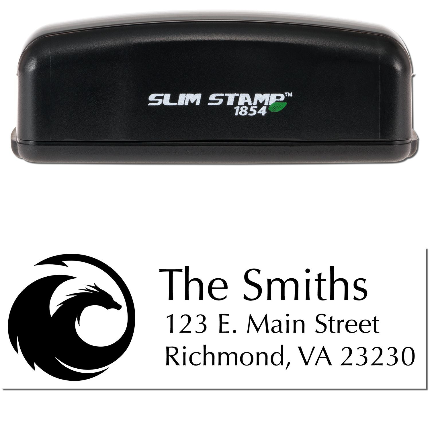 Black Slim Stamp 1854 custom address seal with dragon logo and white text for The Smiths, Richmond, VA 23230