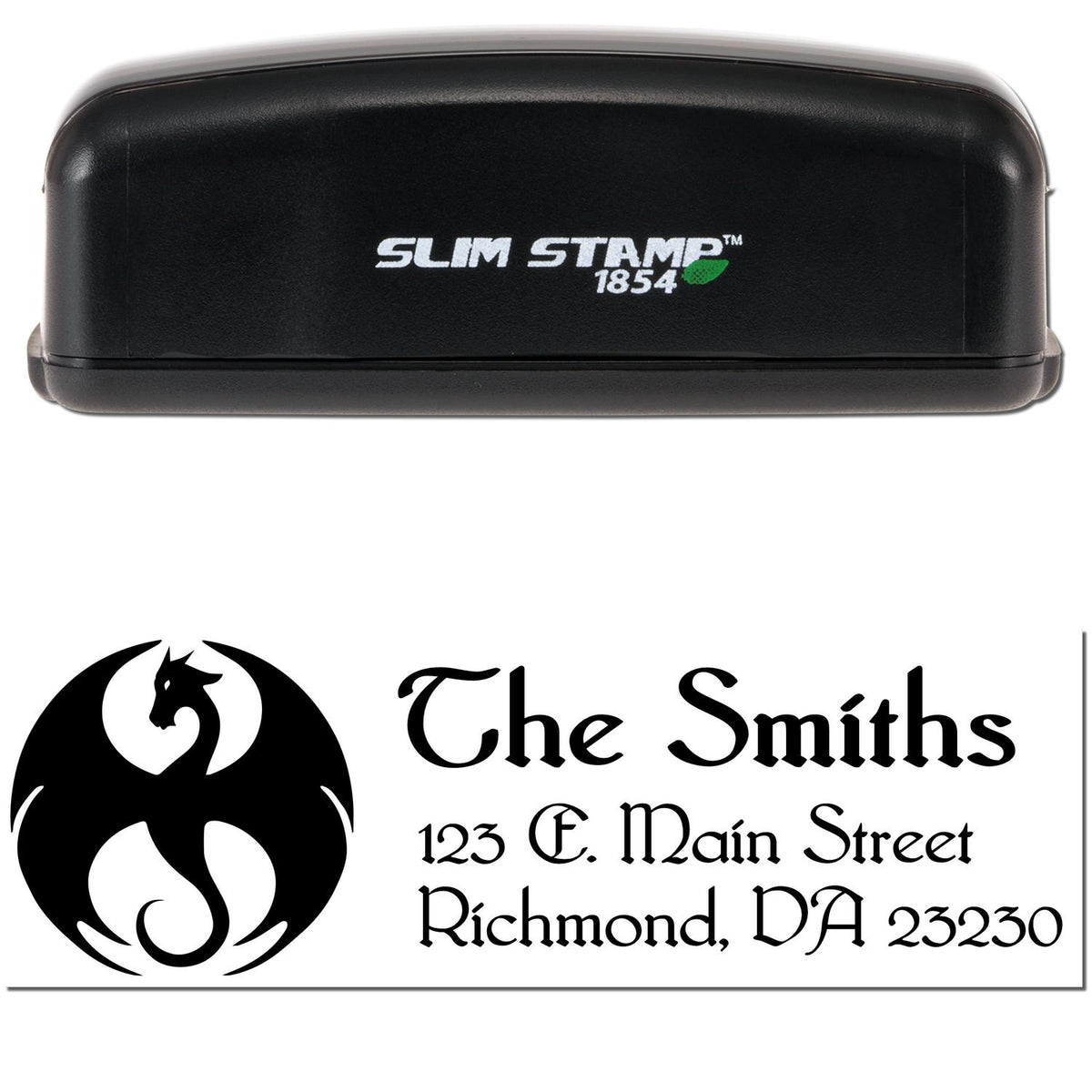 Black Slim Stamp 1854 custom stamp and seal with dragon logo, gothic text, and The Smiths address.