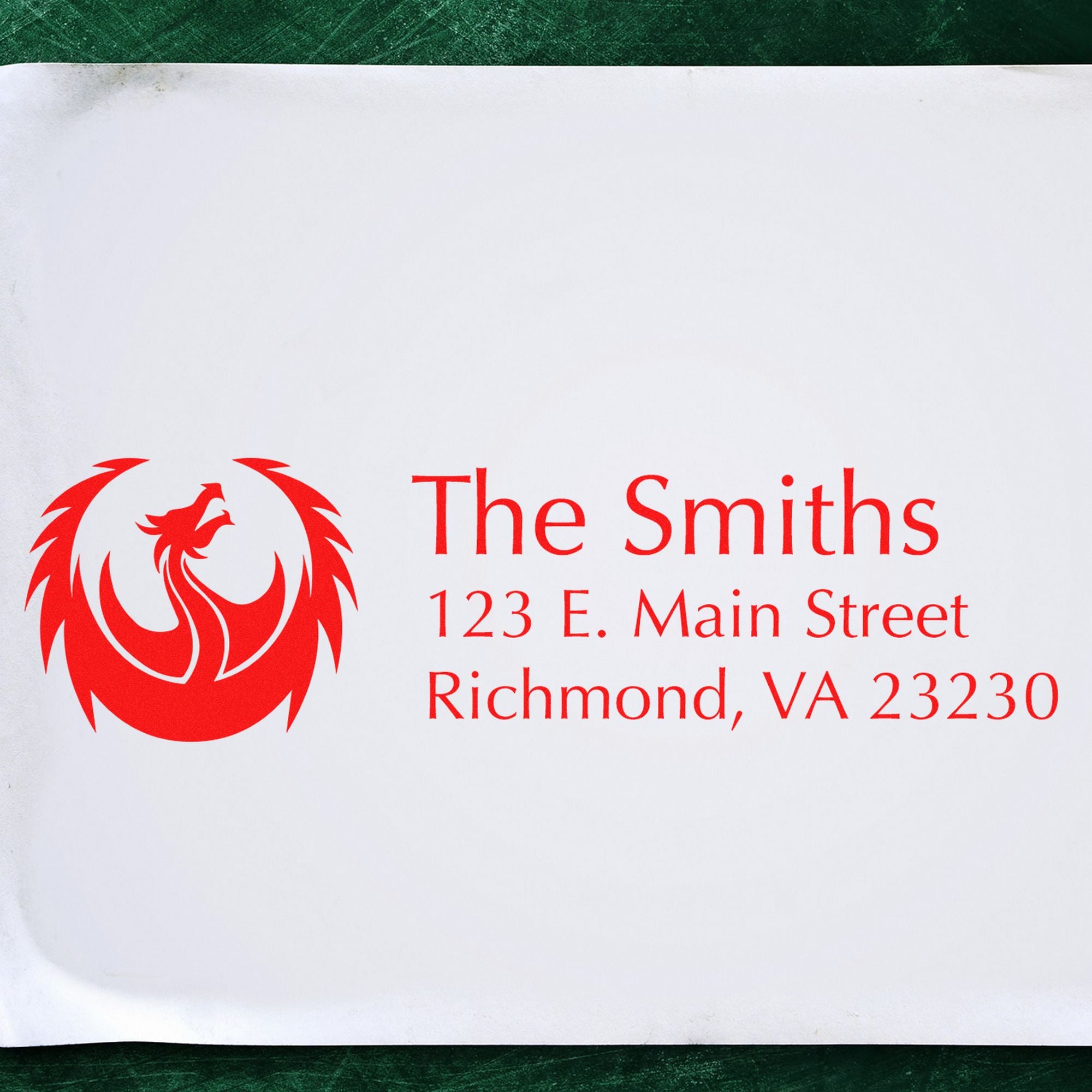 Red custom stamp and seal for The Smiths, featuring a phoenix logo and address in red on white: 123 E. Main Street, Richmond, VA 23230.