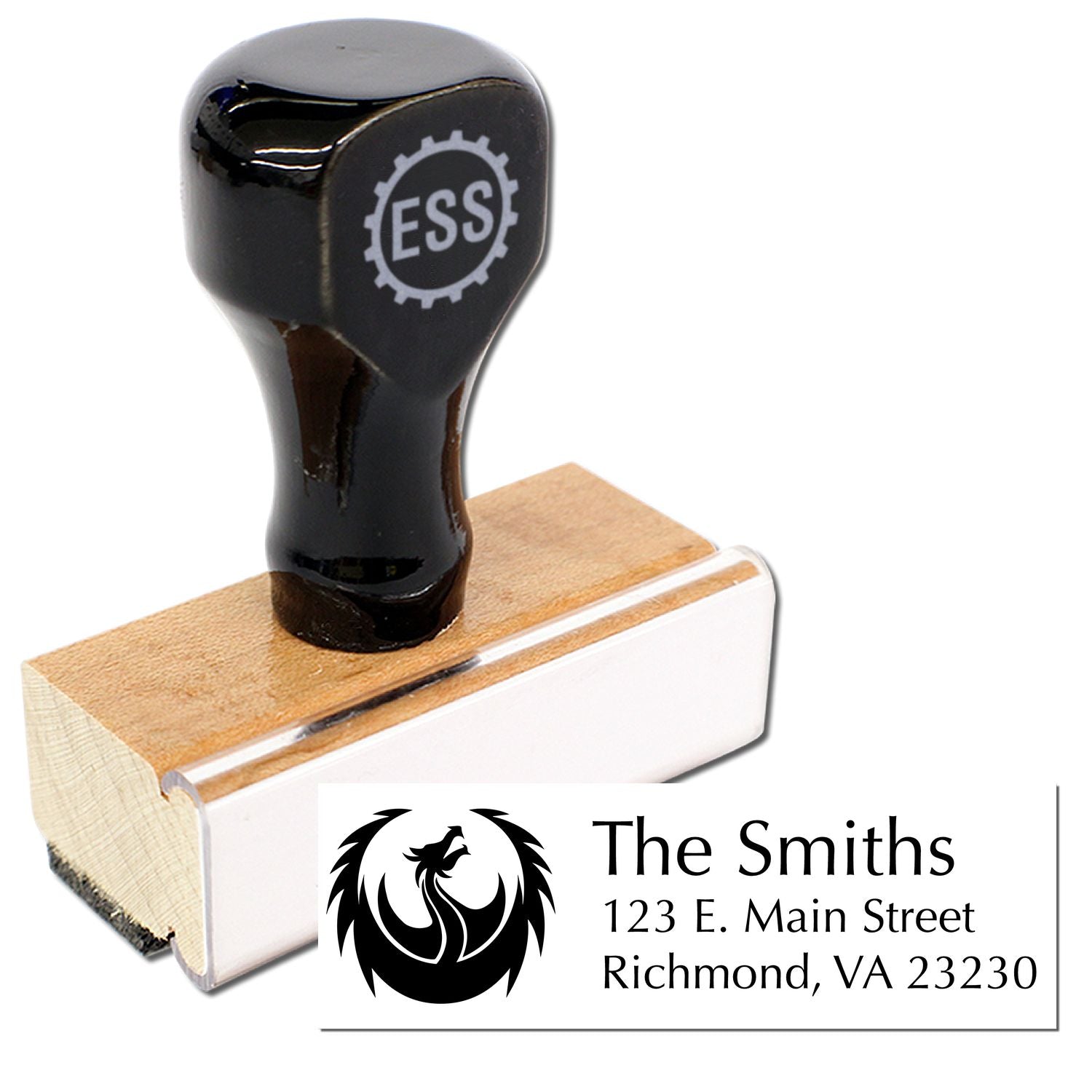 Black custom rubber address stamp with wooden base, showing The Smiths logo and Richmond, VA address on a white block.