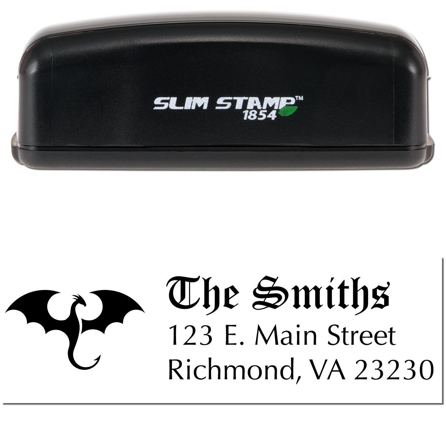 Black Slim Stamp 1854 self-inking stamp and seal with dragon logo, The Smiths name, and Richmond address.