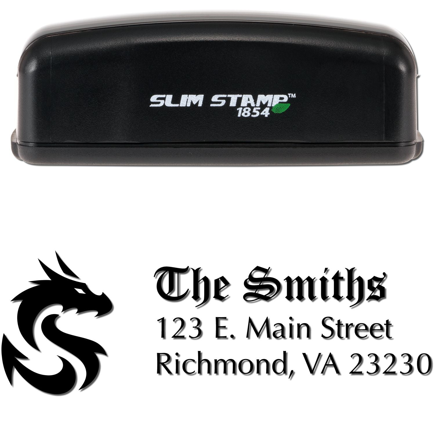 Black Slim Stamp 1854 custom address seal with dragon logo and The Smiths text on white background.
