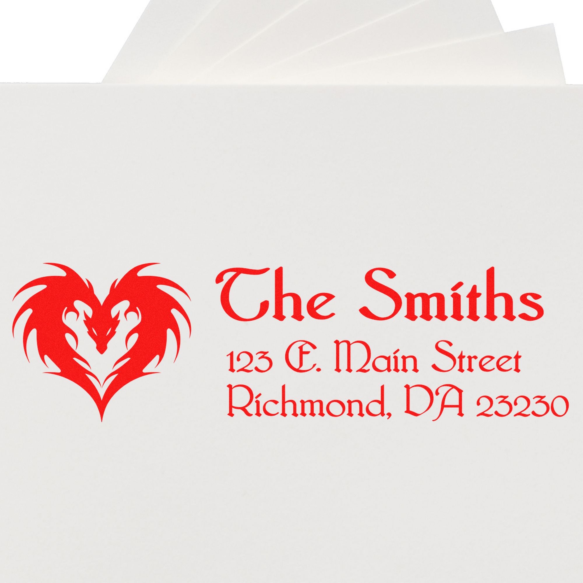 White envelope with red custom stamp and seal featuring a heart emblem, The Smiths, and Richmond, VA 23230 address.