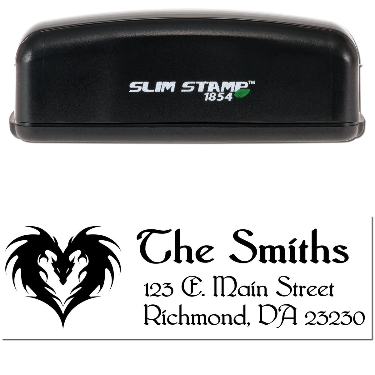Black Slim Stamp 1854 self-inking stamp with custom black seal, dragon heart emblem, and The Smiths address.