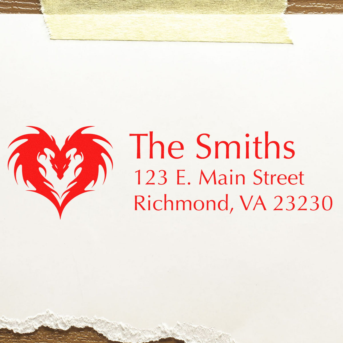 Red custom stamp and seal with heart dragon logo, The Smiths address in Richmond, VA on white paper.