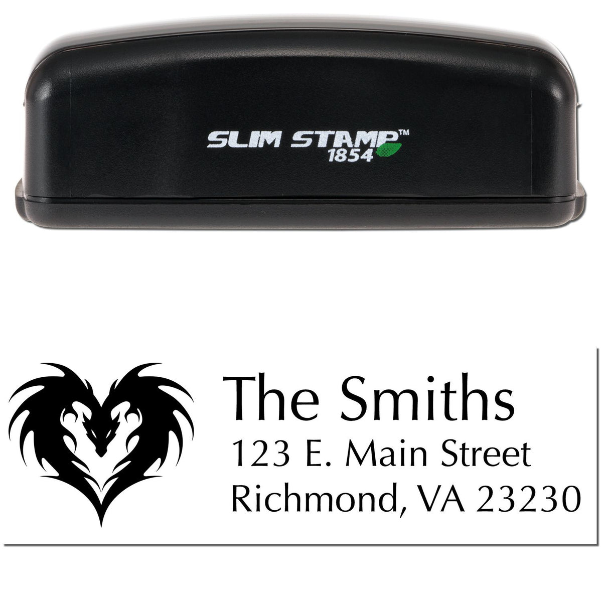 Black Slim Stamp 1854 custom seal with heart-shaped dragon logo and The Smiths address, Richmond VA 23230