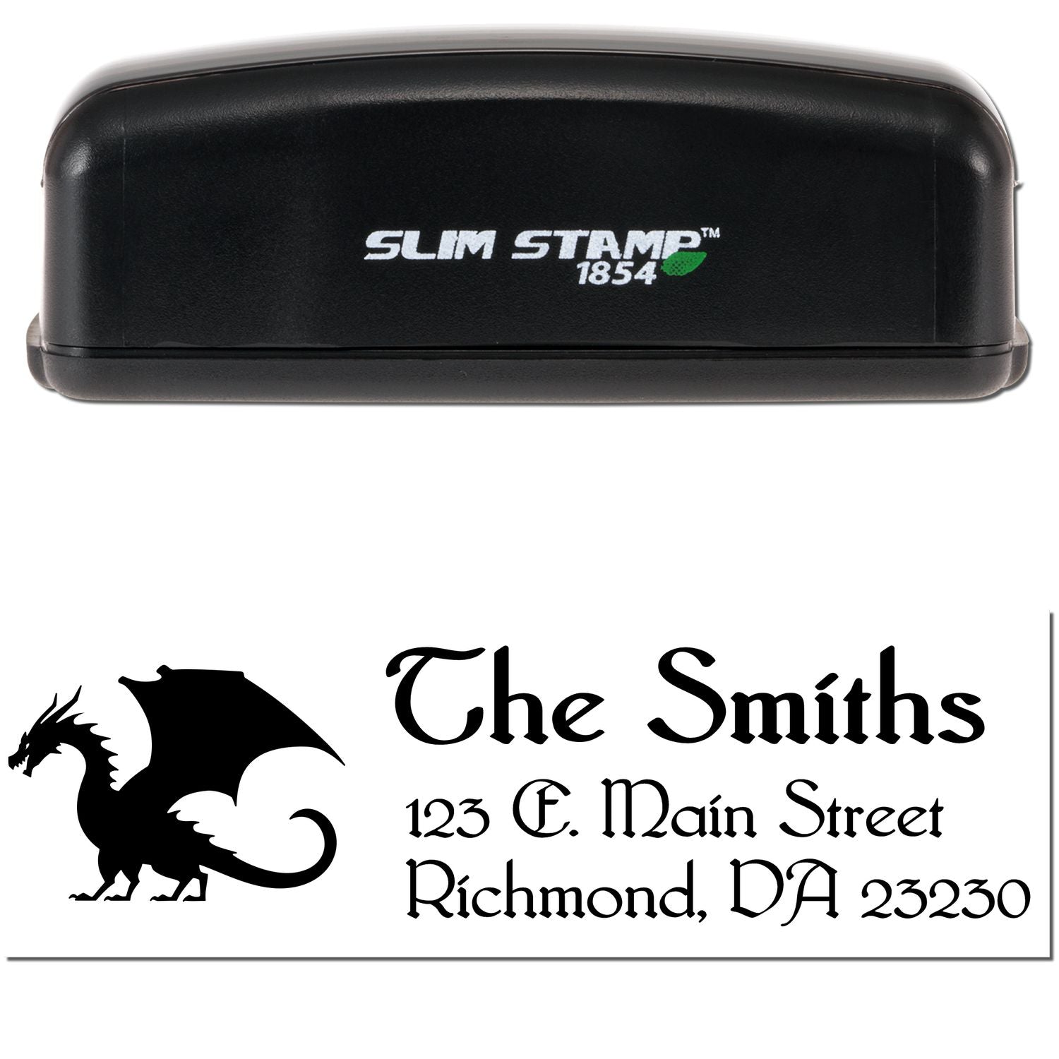 Black Slim Stamp self-inking seal with dragon logo and custom address for The Smiths.