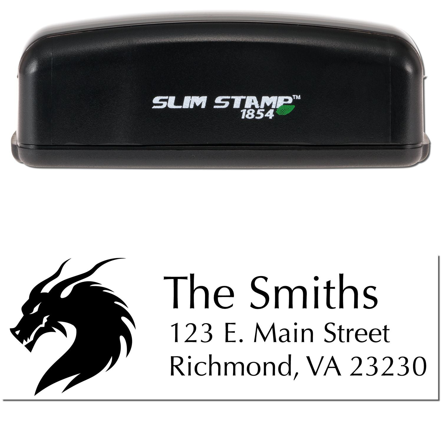 Black Slim Stamp 1854 seal with dragon logo and custom return address for The Smiths, Richmond, VA 23230