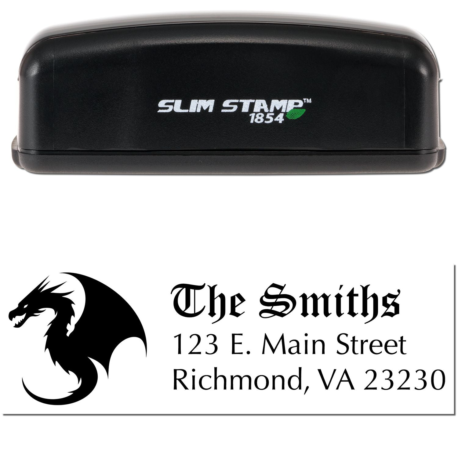 Black Slim Stamp 1854 custom stamp and seal with dragon logo, The Smiths, and Richmond, VA address.
