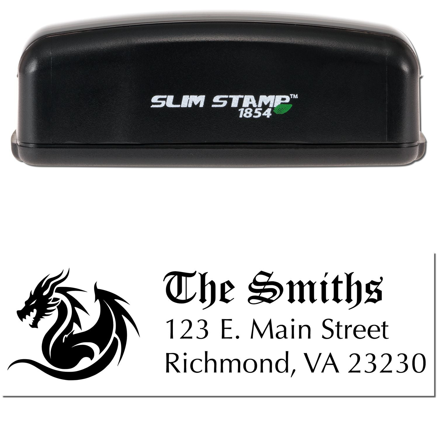 Black Slim Stamp 1854 stamp case with custom dragon seal for The Smiths, black lettering, and Richmond address.